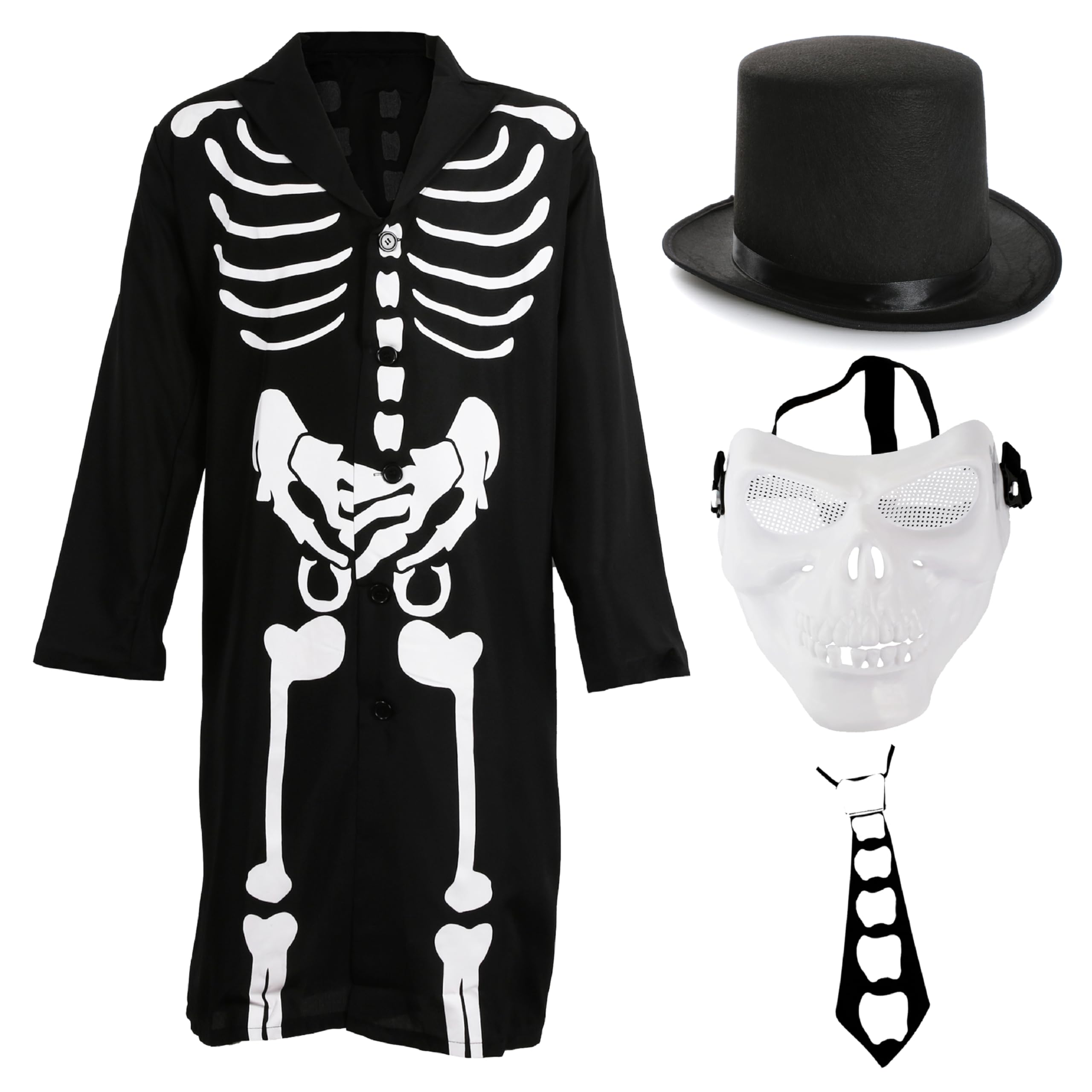 Adults Fancy Skeleton Costume - Small - Top Hat, Mask, Jacket and Tie With Skeleton Print - Perfect for Halloween Events