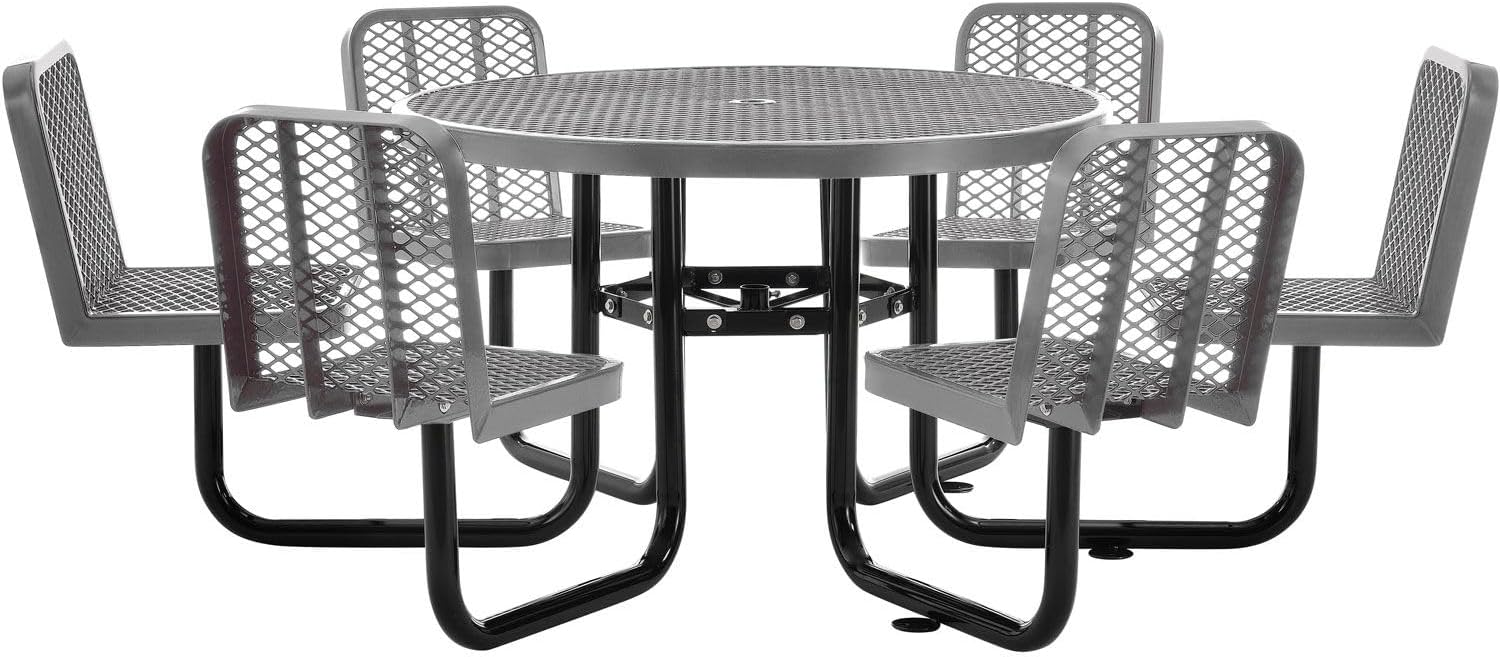 Global Industrial 46" Round Carousel Picnic Table with 6 Seats, Expanded Metal, Thermoplastic Coating, 1-1/2” Umbrella Pole Hole, Outdoor-Rated, 1000 lb Capacity, Gray
