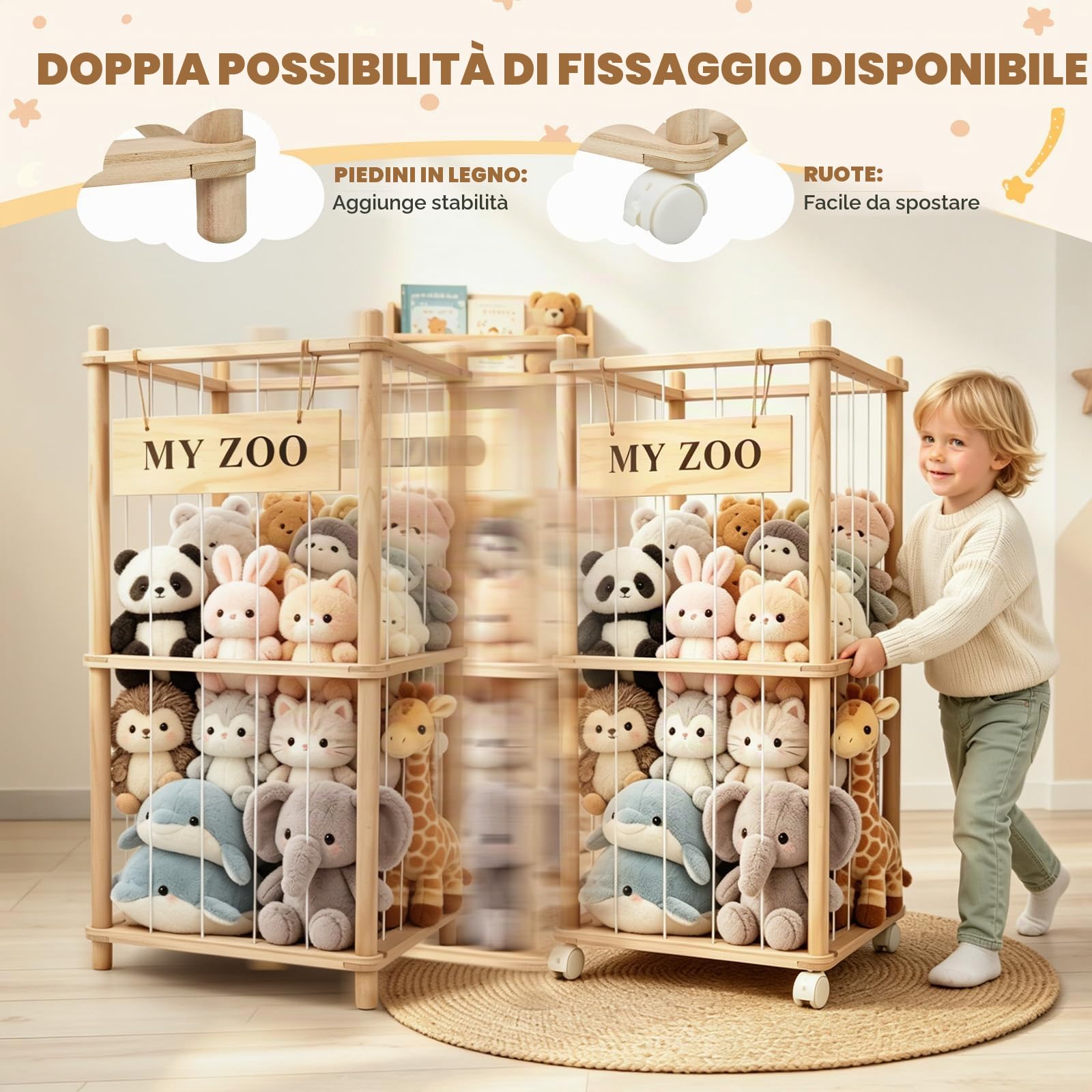 Contenitore per Peluche in Legno, Salvaspazio, con Ruote Dotate di Freno a 360°, per Sala Giochi e Camera da Letto, Decorazione per La Casa