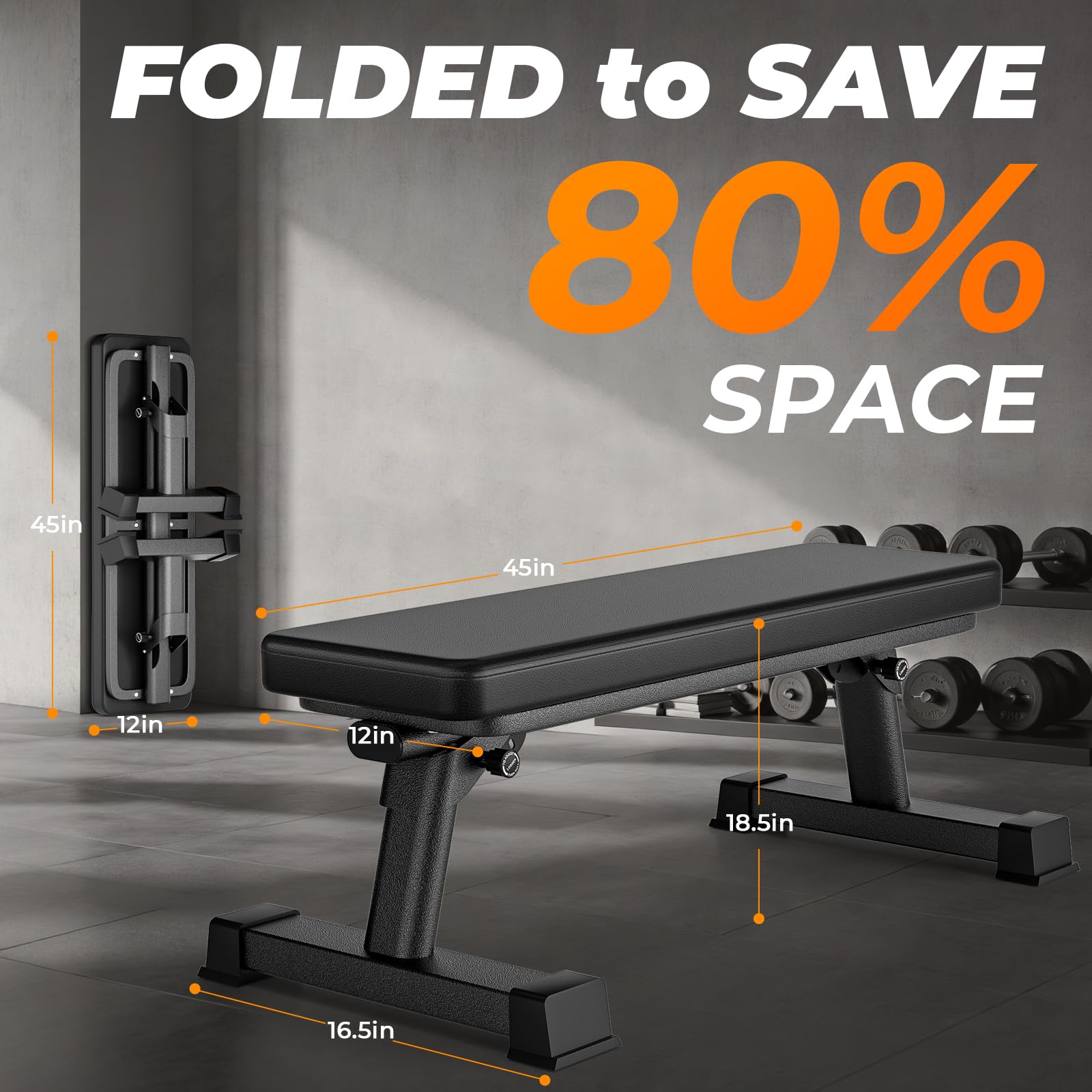 Semi-Commercial Foldable Flat Bench for Multi-Purpose Weight Training and Ab Workout, Flat Weight Workout Exercise Bench with 1000lb Weight Capacity for Strength Training Bench Press, Suitable for Home and Gym