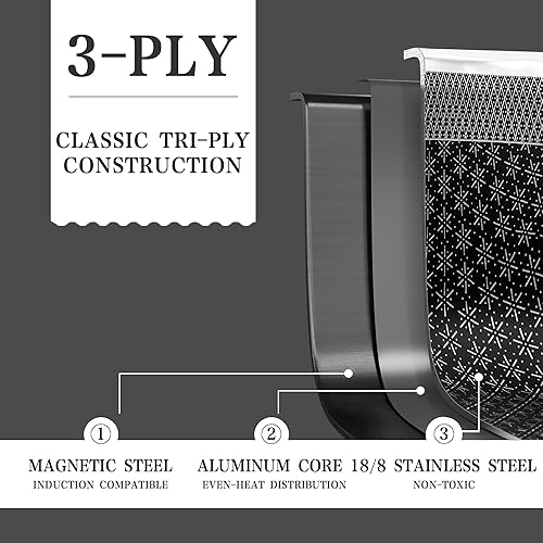 Miniatura 5 de Juego de utensilios de cocina VONIKI de acero inoxidable tricapa híbrido, juego de ollas y sartenes antiadherentes con cesta para cocinar al vapor,