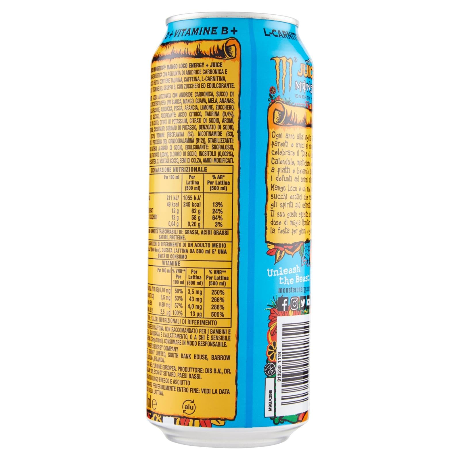 Italian Gourmet Bevanda Energetica Mango Loco, Energy-, 48 x 500ml | Gusto tropicale, mit Guave und Ananas, caffeinato e fruchtig in praktischer, Gesamtnettogewicht 24 L + Kostenlos Polpa 400g