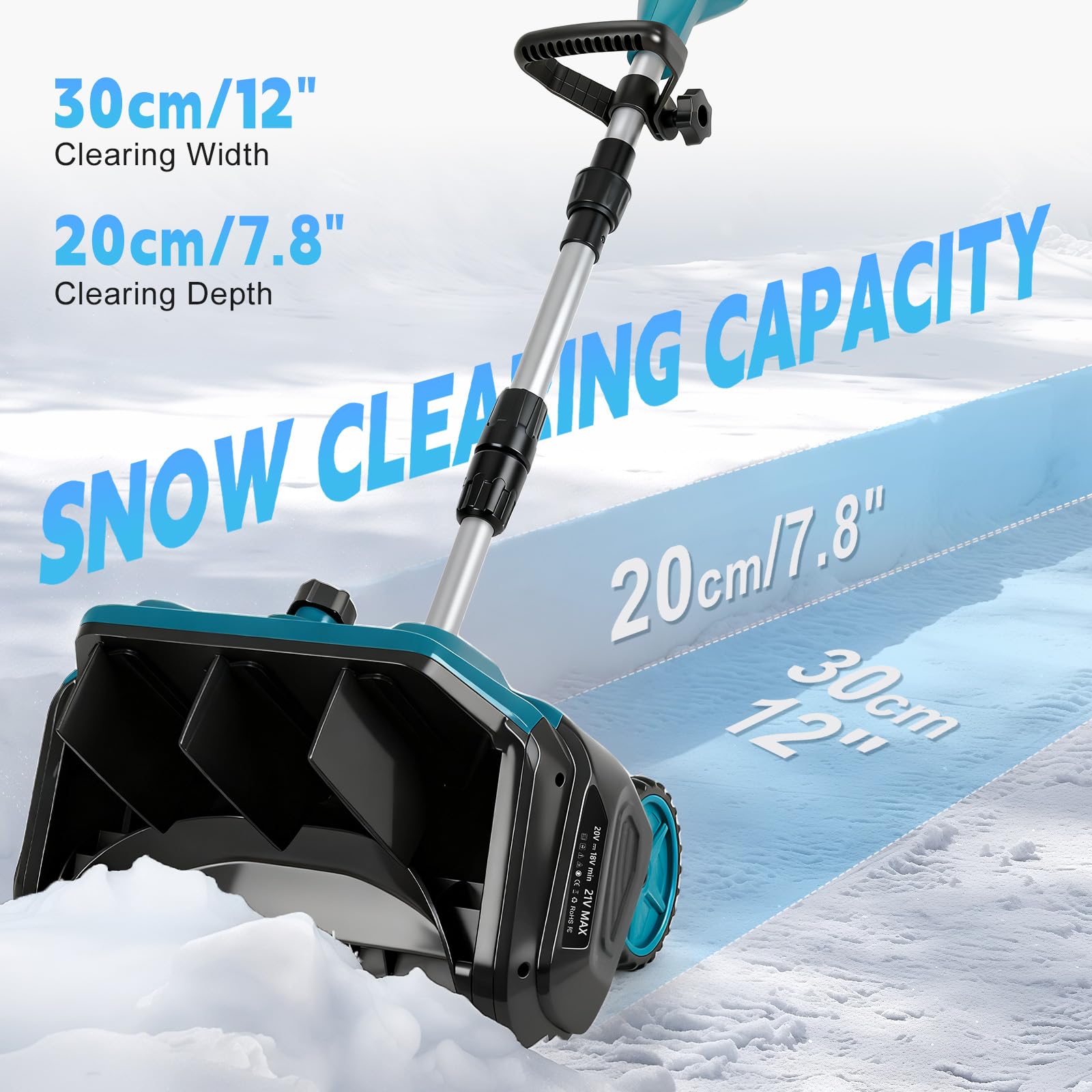 Akku Schneefräse für Makita 18V Akku (Ohne Akku), 1000W Bürstenlose Elektrische Schneebürste mit Stützräder, 20cm Räumhöhe, 30cm Reinigungsbreite, 6m Wurfweite, 45° Einstellbar