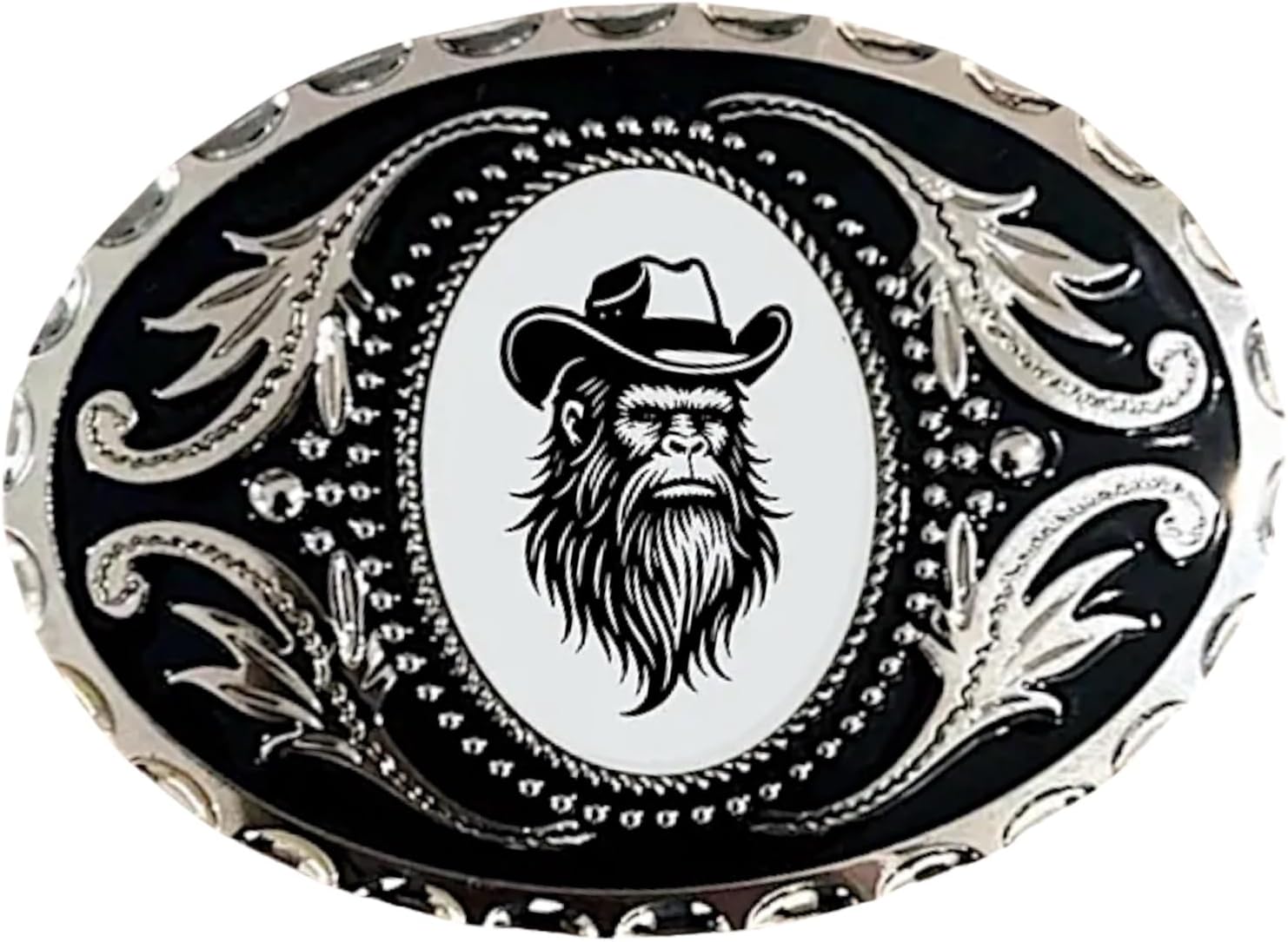The Bold Bow Tie Belt Buckle with Bigfoot Cowboy Hat, Funny Western Style Oval Black and Silver, Western Wear for Cowboy Accoessory Country Gift
