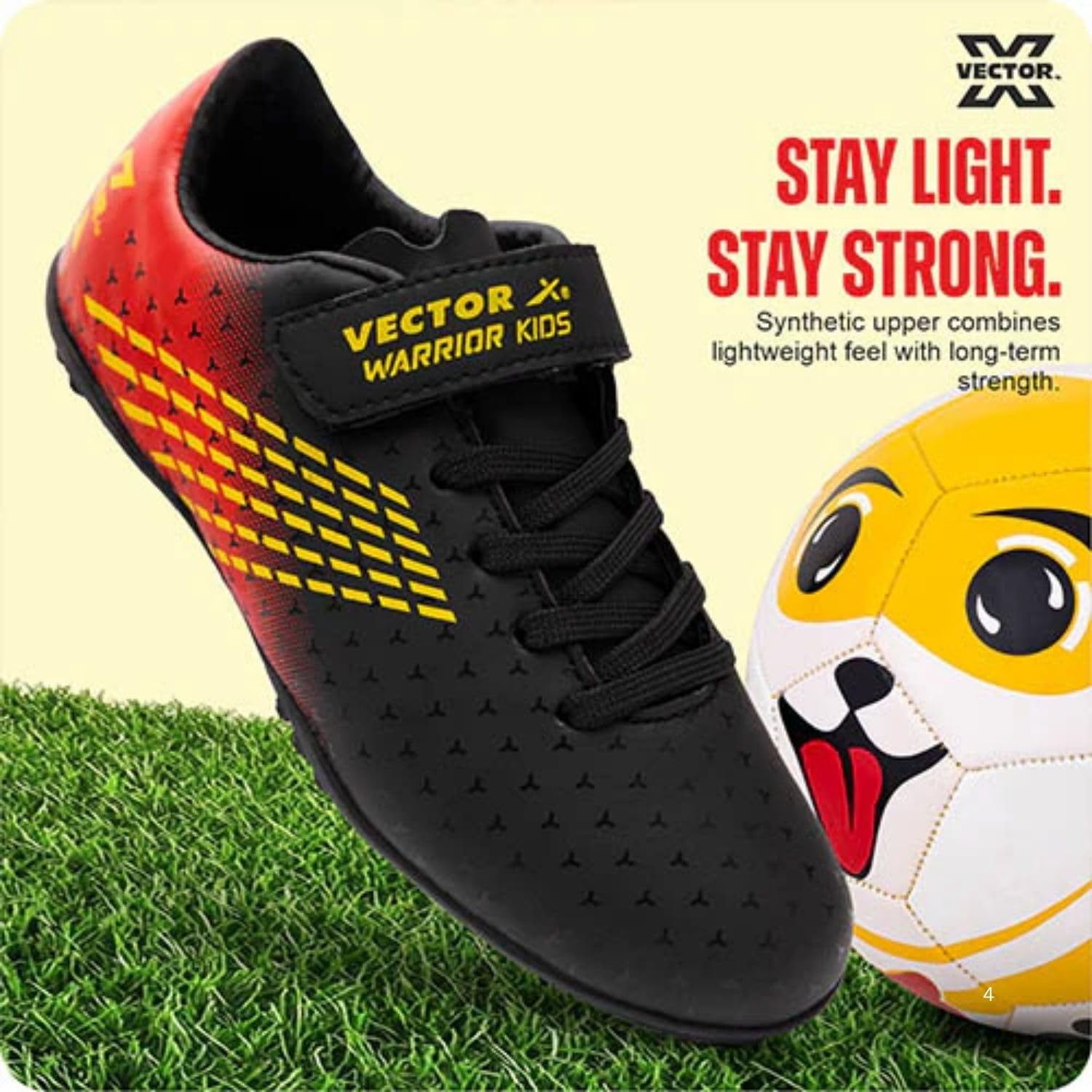 Vector X Kids Warrior Futsal shoe|Football Studs|Turf Soccer Shoes|Lightweight Synthetic Upper+ Rubber Outsole, Velcro Closure, Velcro Closure|Practice & Training Footwear Sports Boots for Boys (Black-Red, 1 UK) 2