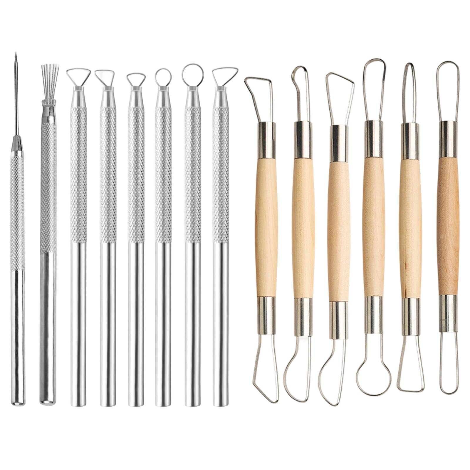 14 Clay Sculpting Tools, Pottery Ribbon Sculpting Tools Kit with Feather Wire Texture and Needle Detail Tool, Silver & Yellow, for Pottery, Ceramics, Wax Modelling, Art Creation