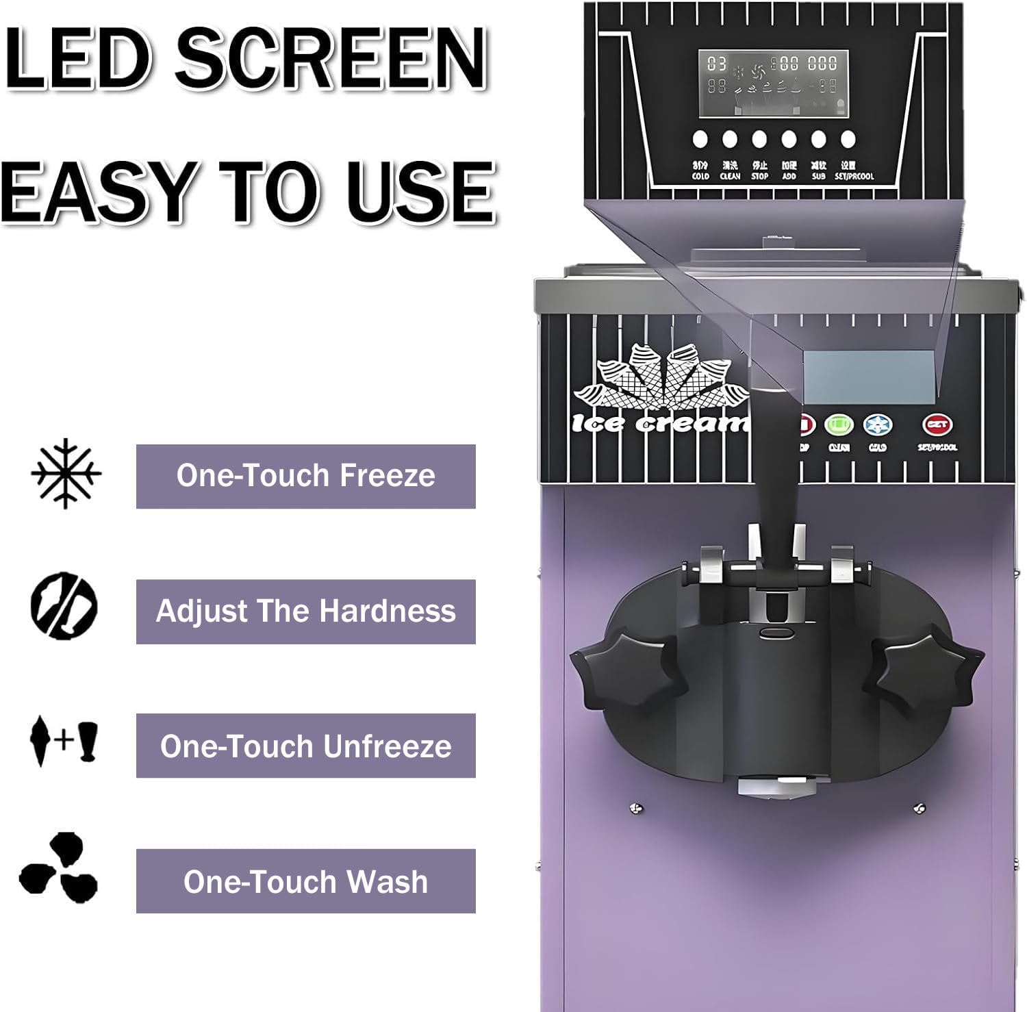 Máquina de helado Soft Serve para el hogar, máquina de helado de encimera, rendimiento de 4-5 kg/h, preenfriamiento, limpieza automática, panel LCD, sabor único