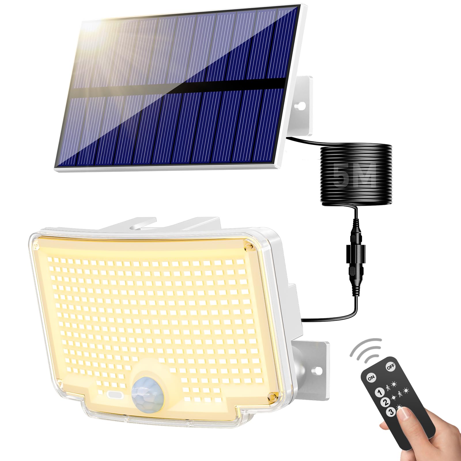 nipify warmweiß Solarlampen für Außen mit Bewegungsmelder, 310 LED Super Helle 3 Modi Solarleuchte mit Fernbedienung, IP65 Wetterfest Weiß Solar Aussenleuchte Wandleuchte für Aussen Garten Wand