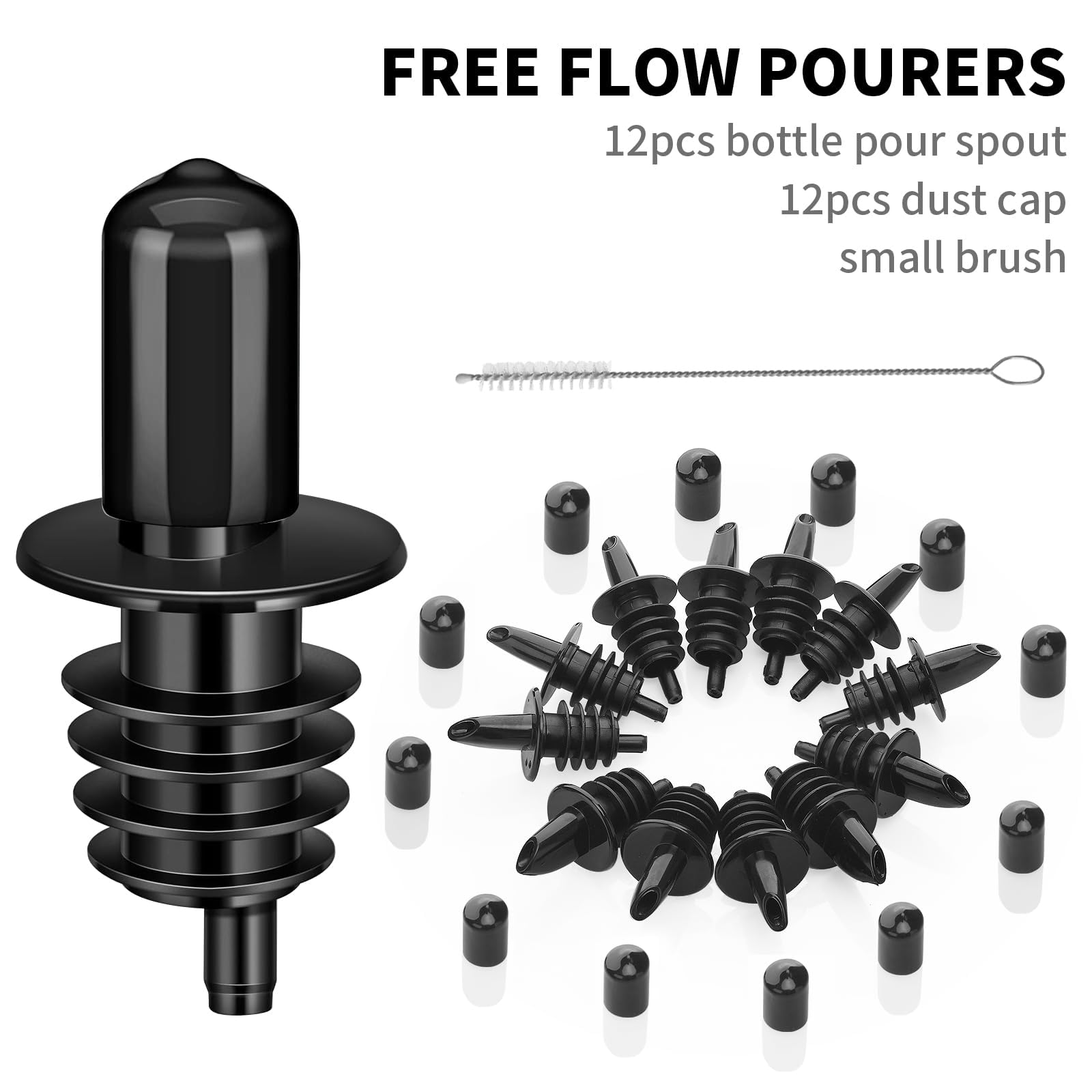 12 PCS Bottle Pourers And 12 PCS rubber pourers dust cap covers Syrup Pourer Pour Spouts Plastic Liquor Bottle Pourers with Rubber Pourers Dust Cap Covers Bottle Pourers (black)