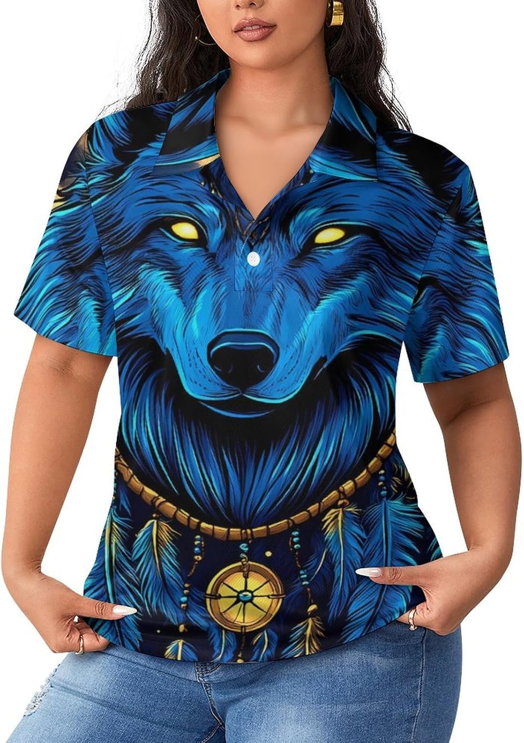 Wolf Dreamcatchers Women's Golf Polo Shirts Short Sleeve Quick Dry Tennis Tops Casual Work Blouses