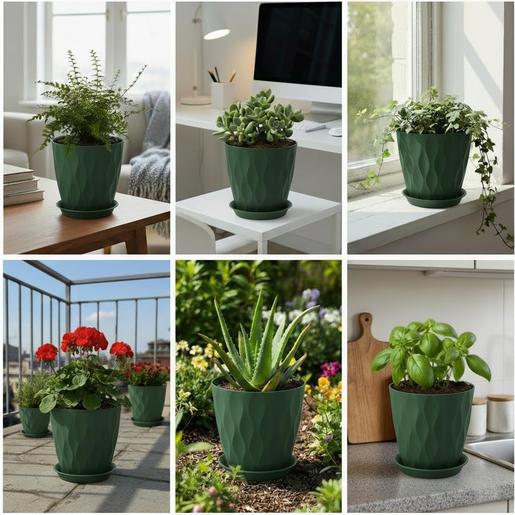 Plant Pots 8 Inch, 6 Pack Plastic Flower Pots for Indoor & Outdoor Plants, Planters with Drainage Holes and Saucer, Garden Pot for Plants (Deep Green)