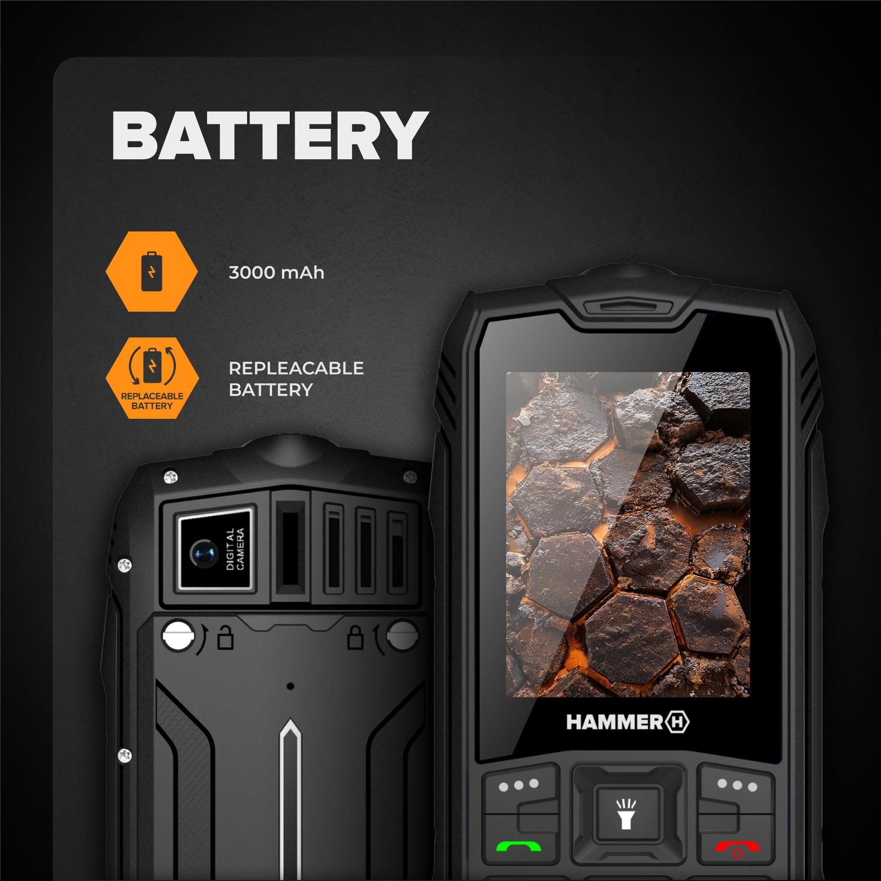 Hammer H Rock LTE Telefono Rugged senza Contratto, 3000mAh, 64 GB, Display IPS 2,4", Tasti Grandi, Tasto SOS, Torcia, Radio FM, Bluetooth, USB-C, Dual SIM, IP68/MIL-STD-810H, Nero