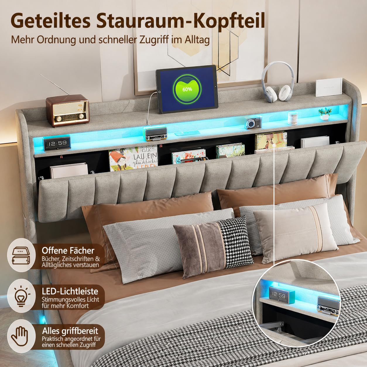Letto imbottito 140x200 cm, letto con spazio di archiviazione idraulico con LED e stazione di ricarica USB, struttura del letto con rete a doghe e spazio di archiviazione nella testata, letto