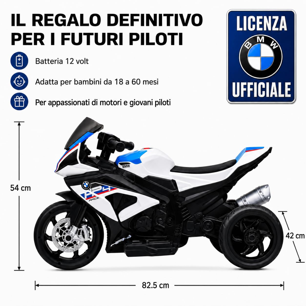 TOYSCAR Moto Elettrica per Bambini 12V BMW HP4 Race con Licenza Ufficiale, 3 Ruote, Sedile in Pelle, Luci LED, Musica, USB e AUX, Batteria Ricaricabile, 18-60 Mesi (Bianco)