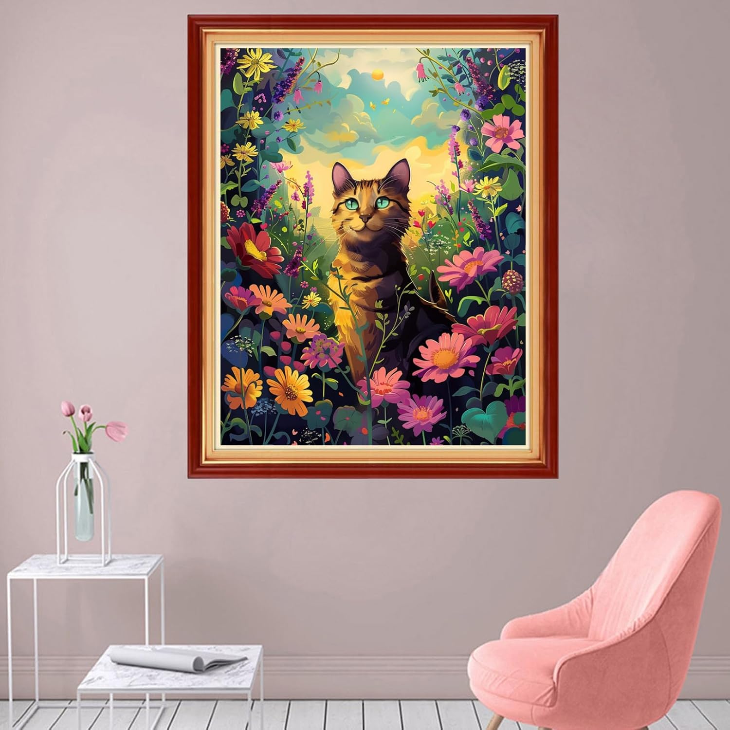 Foxhool Stamped Cross Stitch Kits,11CT Printed Cross Stitch Pattern Full Embroidery Kits for Beginner Needlepoint Kits-Flower Cat 16x20 inch