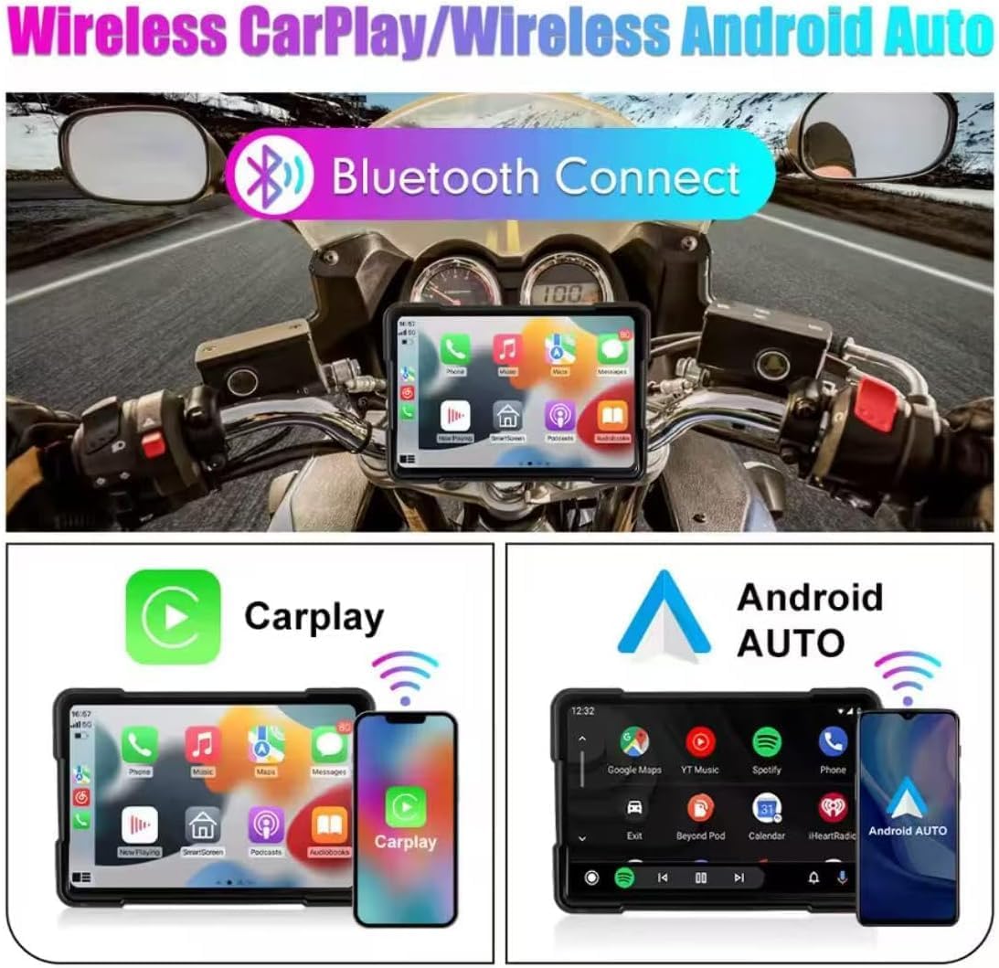Image illustrating wireless CarPlay and Android Auto connectivity. The top section shows a motorcycle dashboard with the multimedia system displaying a CarPlay interface. The bottom section shows a phone connecting wirelessly to the system for both CarPlay and Android Auto.