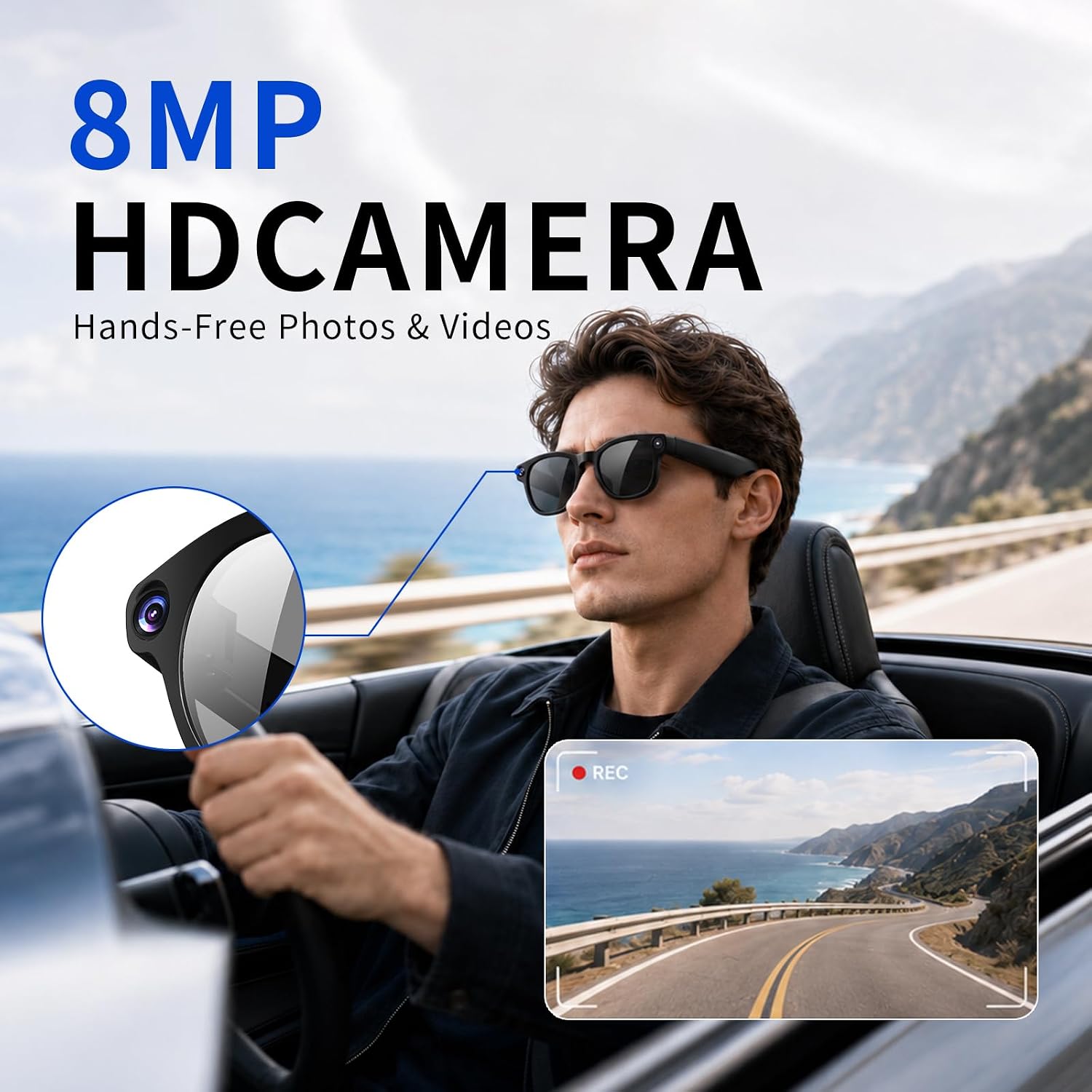 Smart Glasses with Camera & AI, 8MP Photo/Video Recording Glasses with Image Stabilization, Live Translation & Voice Control, Bluetooth Music, Type-C Charging, for Outdoor Cycling Travel Recording