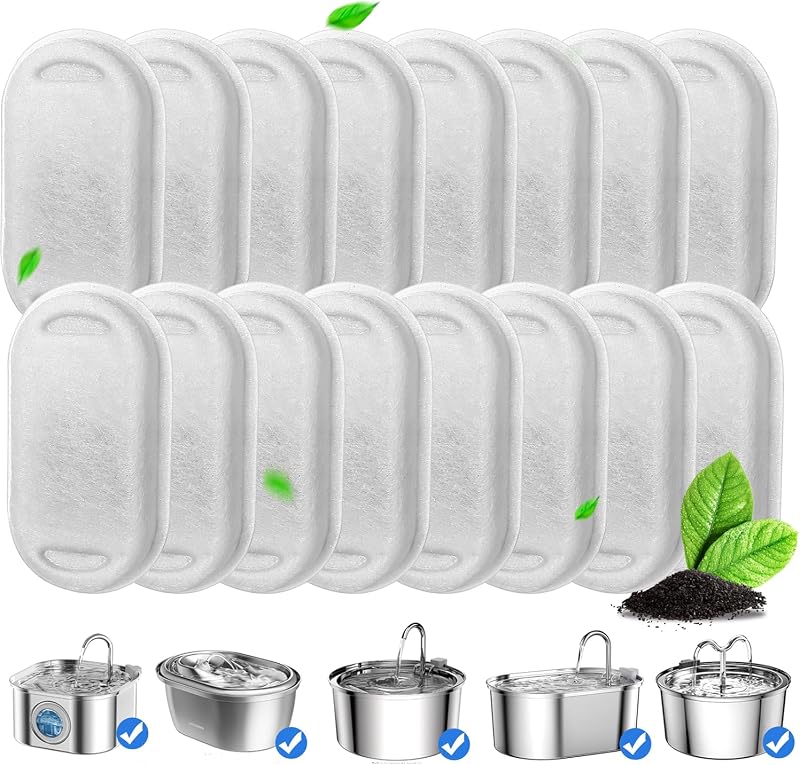 Cat Fountain Filters, 16 Pack Cat Water Fountain Filter for 67oz/2L Cat Water Fountain Stainless Steel, 3.2L/108oz Pet Fountain