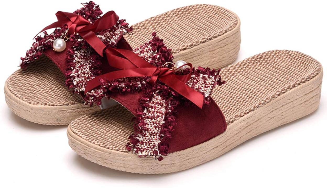 ba knife Women's House Non-Slip Slippers Thick Flax Bowknot Sandals for Indoor Outdoor Breathable Shoes