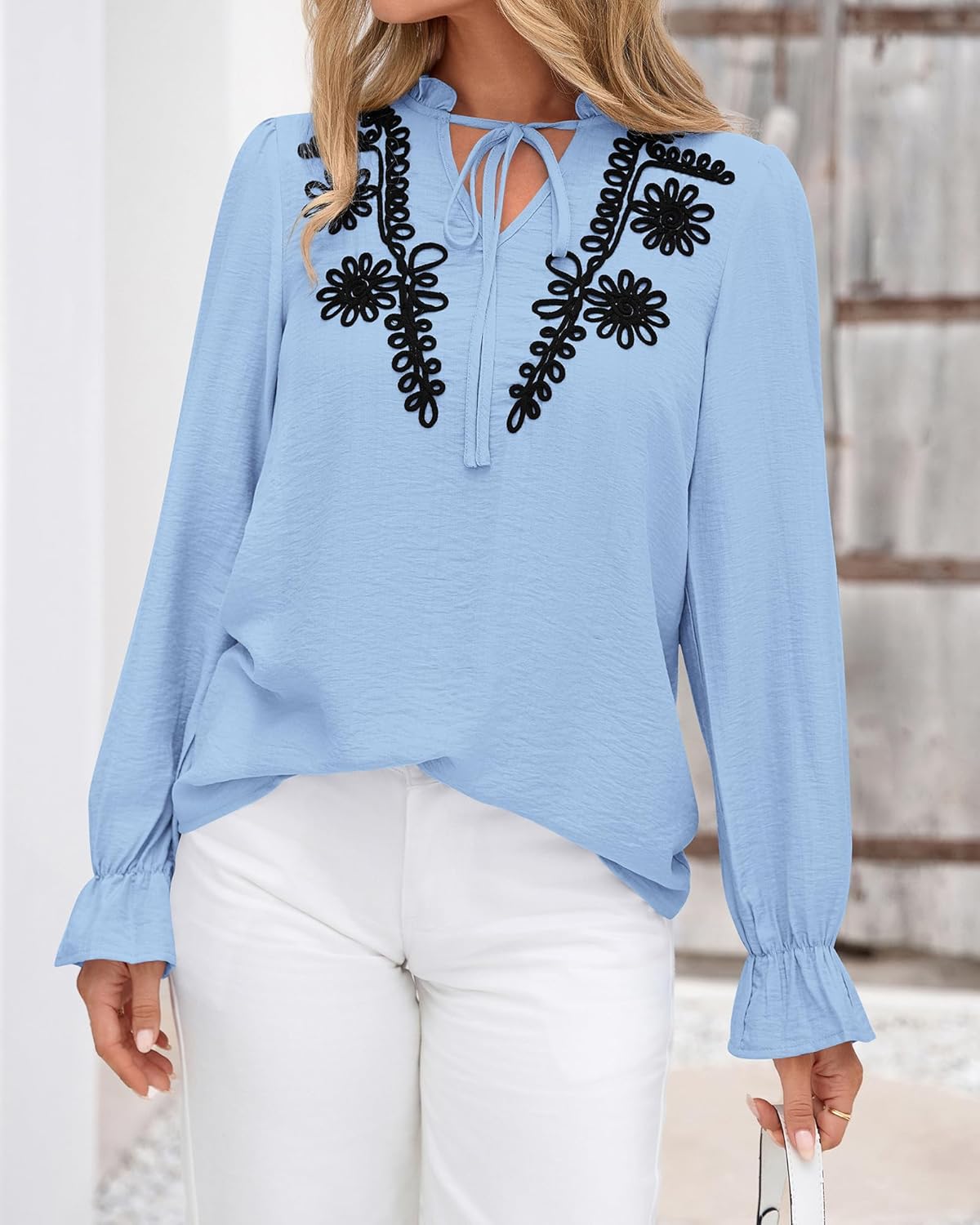 BTFBM Womens Tops Dressy Casual Fall 2025 Boho V Neck Ruffle Long Sleeve Shirts Floral Embroidered Work Business Blouses - Image 4