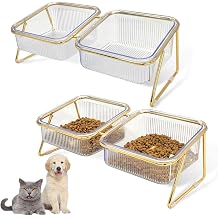 2PCS Elevated Double Cat Bowls,5.7" Pets Water and Food Bowl 15Tilted Transparent Raised Kitten Food Feeding Dishes with Iron Stand Anti Slip Kitty Dishs Rose Gold Bowl Set for Kittiens