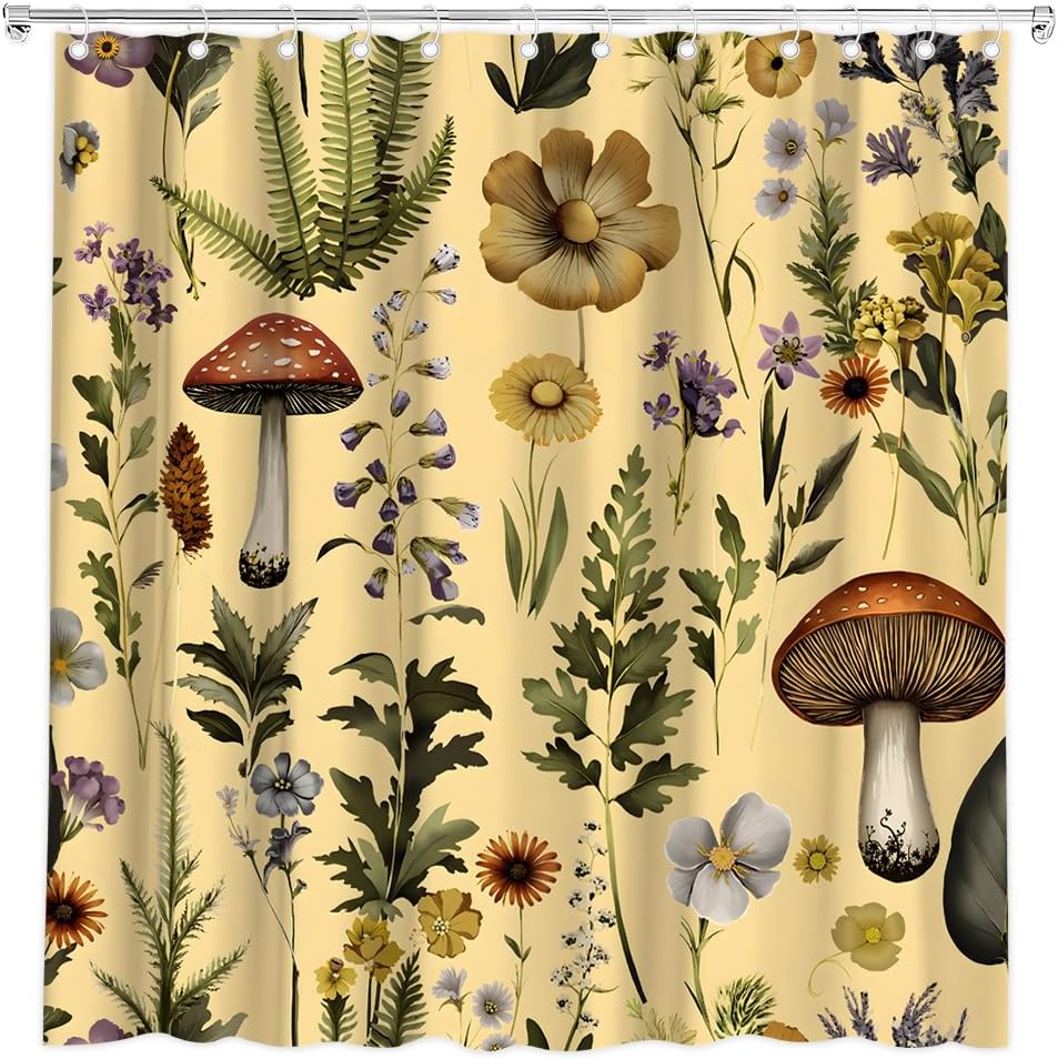 Mushroom Floral Shower Curtain Boho Vintage Plants Flowers Retro Forest Botanical Nature Yellow Background Bath Curtain Fabric Bathroom Accessories Decor with Hooks 90W x70L