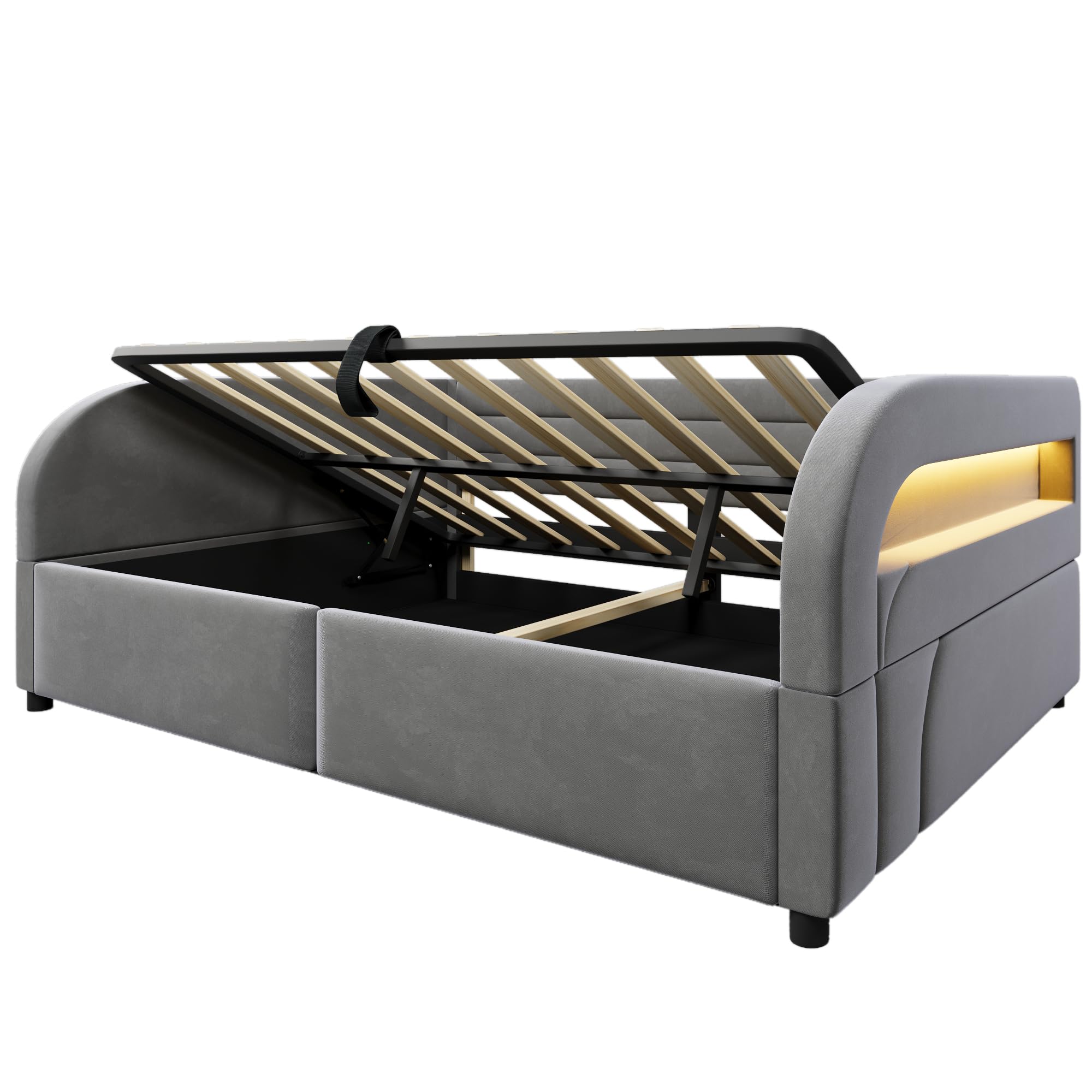 Divano Letto Imbottito 140x200 con Contenitore Idraulico e illuminazione a LED, Letto Matrimoniale a piattaforma con Rete a doghe, Sofa Bed grigio(Senza Materasso)