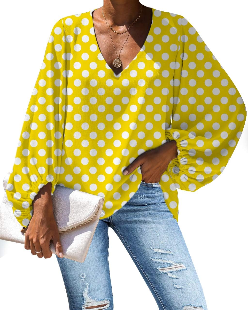 Amzbeauty Women's Sweet & Cute Shirt Balloon Sleeve V-Neck Solid Color & Polka Dots Blouse Top