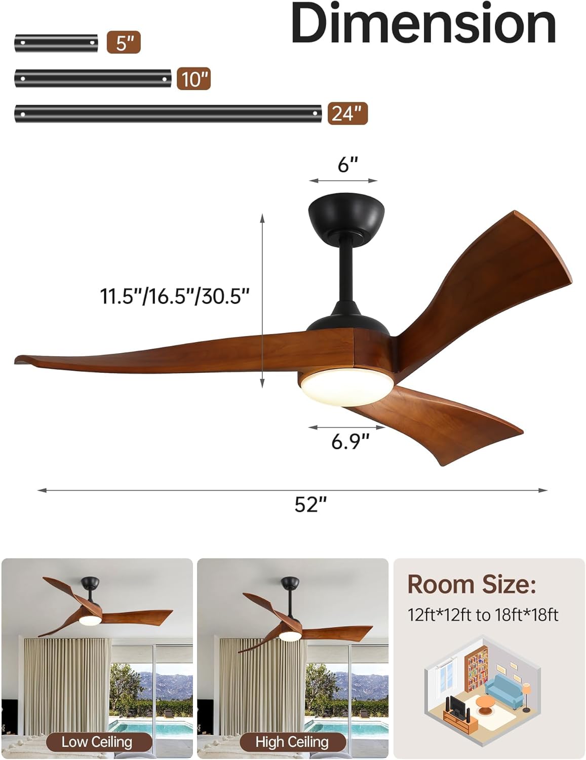 Sofucor 52 Inch Smart Ceiling Fans with Light-Modern Solid Wood Outdoor 3 Blades Ceiling Fan with Light Alexa/Google/APP/Remote Control for Bedroom Living Room Farmhouse, Quiet DC Motor, Walnut Black