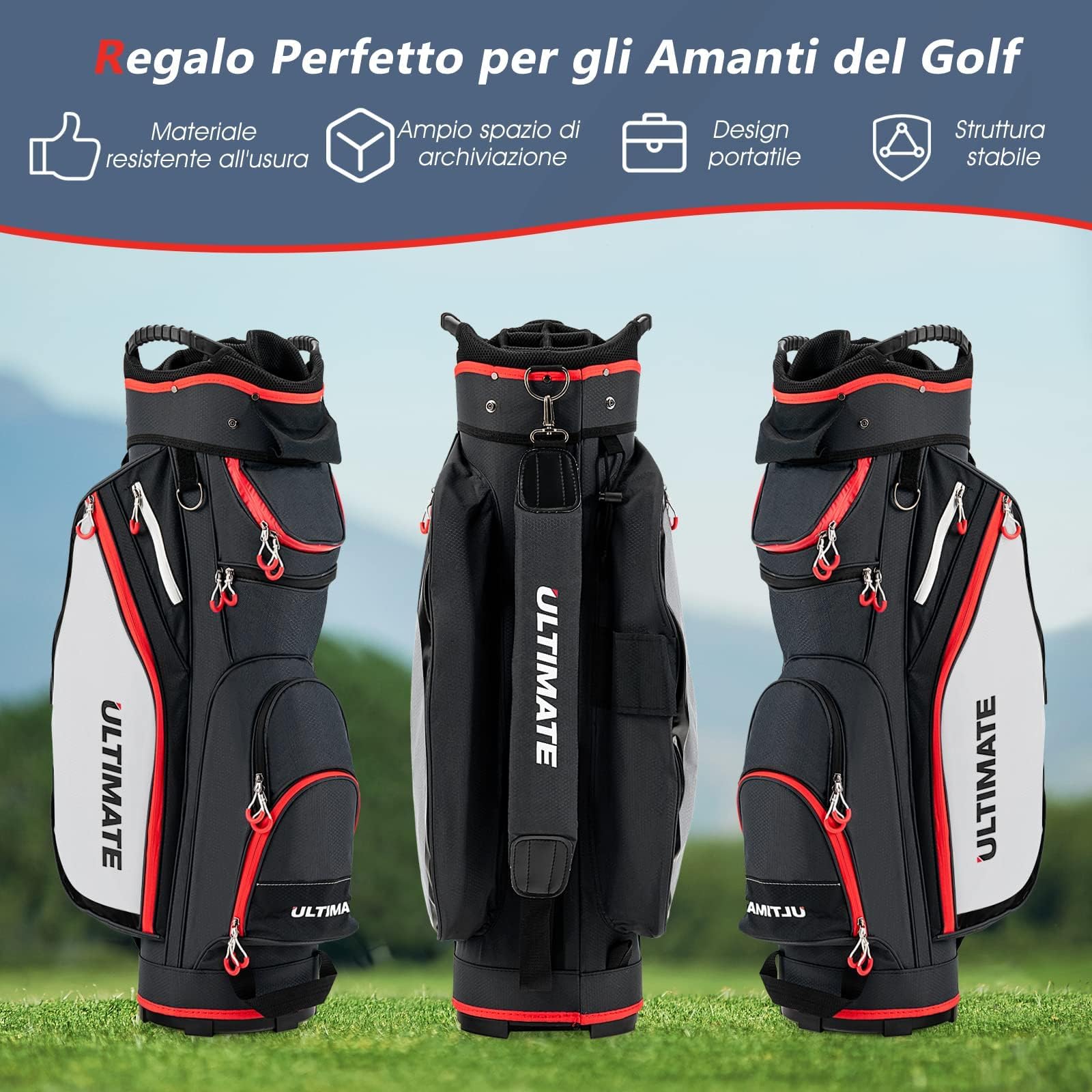 GYMAX Borsa da Golf 14 Divisori 8 Tasche con Cerniera Borsa Termica Copertura Antipioggia