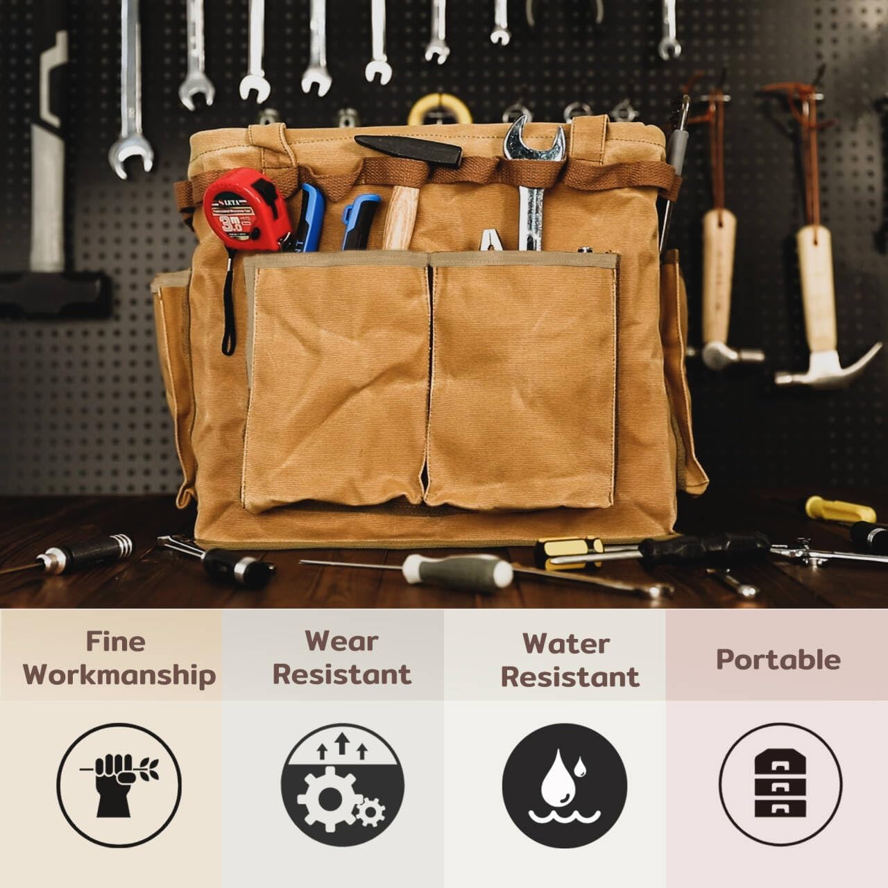 Heavy-Duty 16oz Waxed Canvas Tool Bags - 14" Foldable Open Top Organizer with Metal Frame, 6 Pockets & Reinforced Handle | Durable Contractor Work Bag for Tools, Khaki - Image 5
