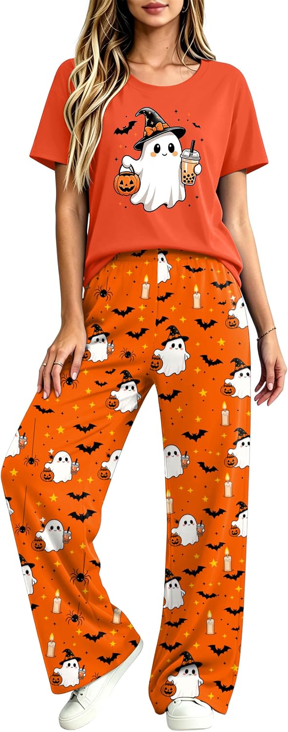 VVNTY Halloween Pajamas for Women: Fall Short Sleeve Pj Sets with Long Pant Halloween Party Sleepwear image 2