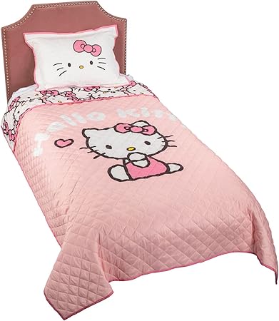 Jay Franco Hello Kitty Pink Stripes & Hearts Twin Size Quilt & Sham Set - Super Soft Lightweight Bedspread Set