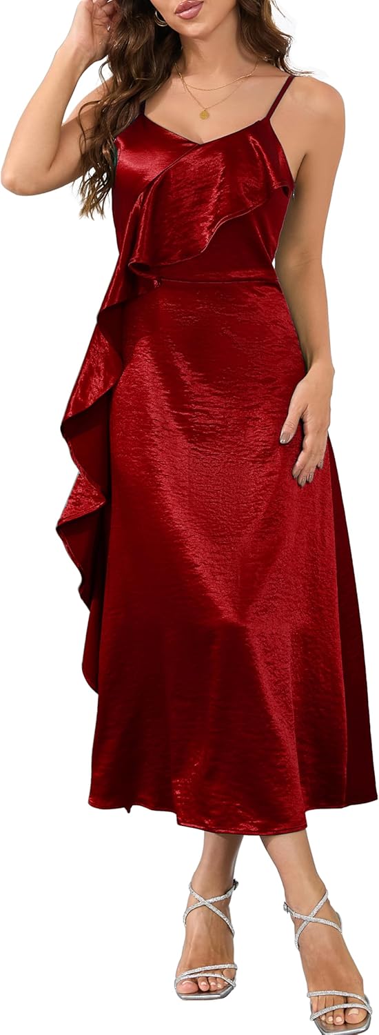 Women's Spaghetti Strap Midi Satin Silk Dresses Ruffle A Line Party Cocktail Evening Formal Dress