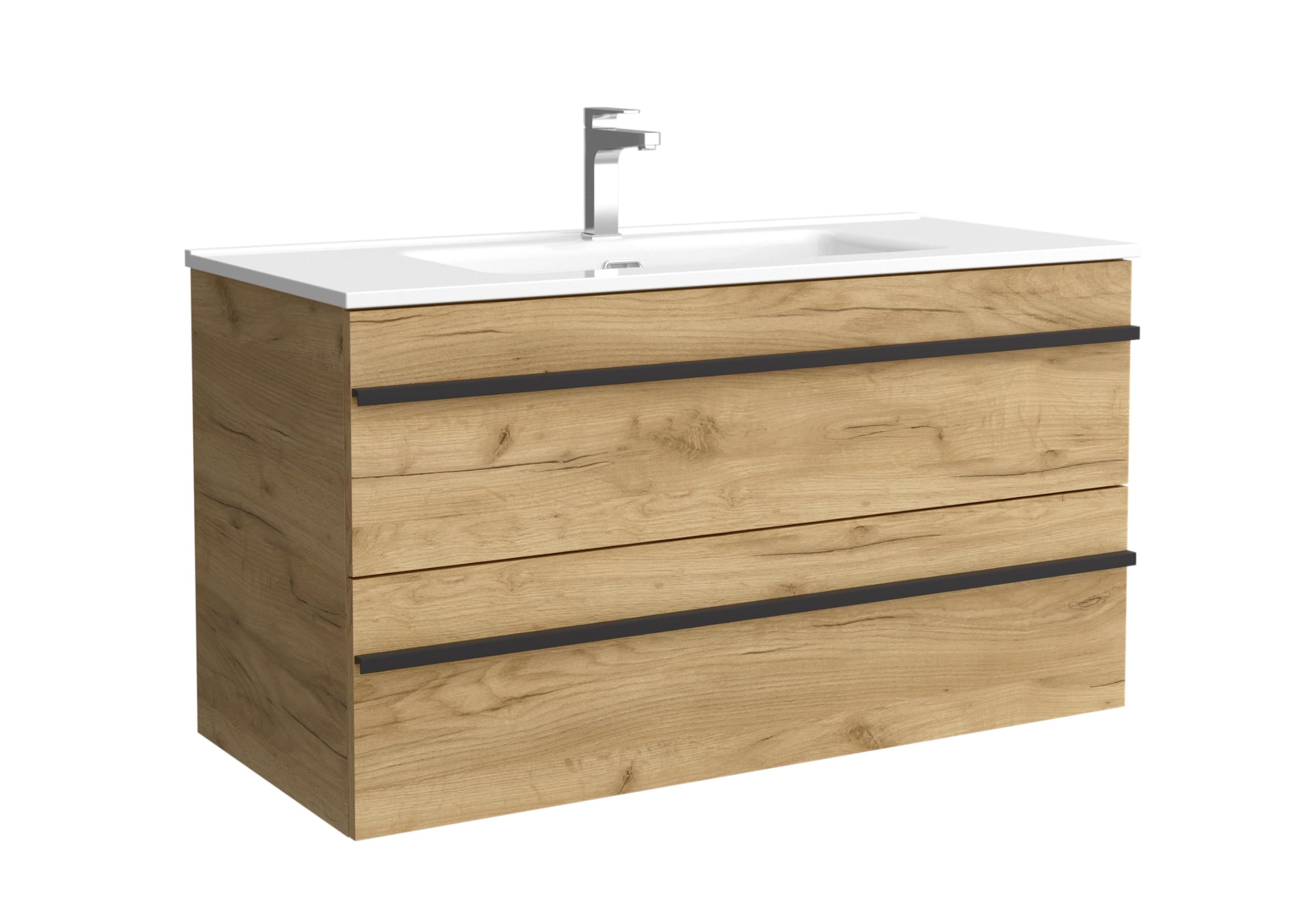 Salgar Mueble de baño Born 100 cm 100% montado de fábrica Acabado Roble suspendido 2 cajones Cierre amortiguado Apertura Tirador Perfil Lavabo Porcelana Blanca Marca, 97957