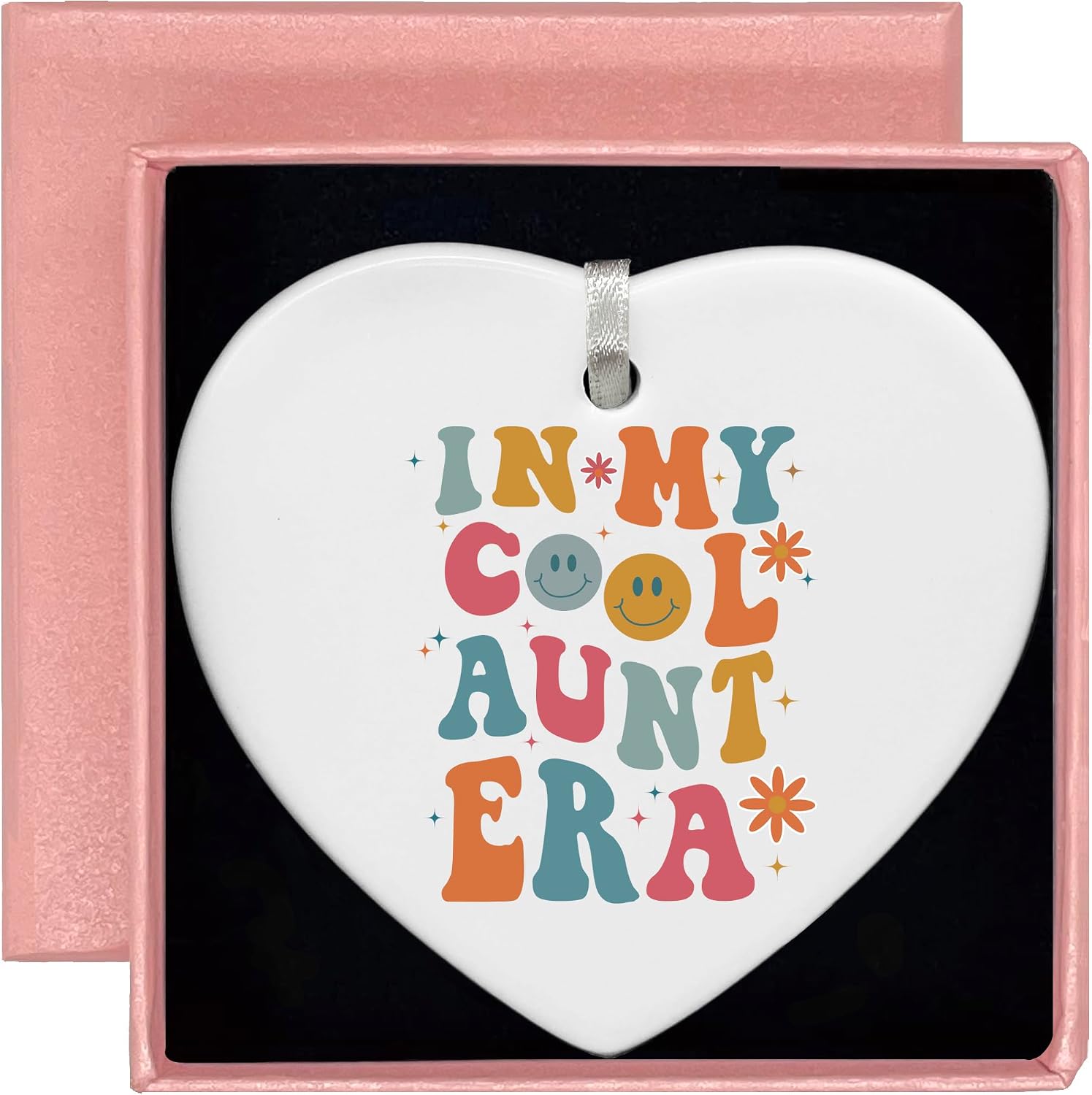 Heart Shaped White Ceramic Ornament-Cool Aunt Era Gift-Best Aunt Ever Keepsake for Niece Nephew-Birthday or Baby Announcement Present for New Auntie to Be-Promoted to Auntie Ceramic Ornament