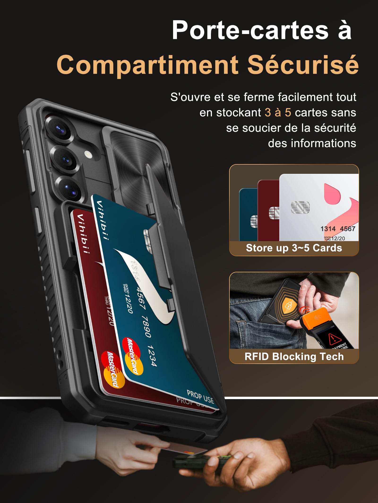 Vihibii Etui do Samsung Galaxy S25 z miejscem na karty (4 karty) [blokada RFID] i suwakiem ochrony aparatu, ochrona wojskowa, odporne na uderzenia i zarysowania, wytrzymałe etui ochronne do Samsung