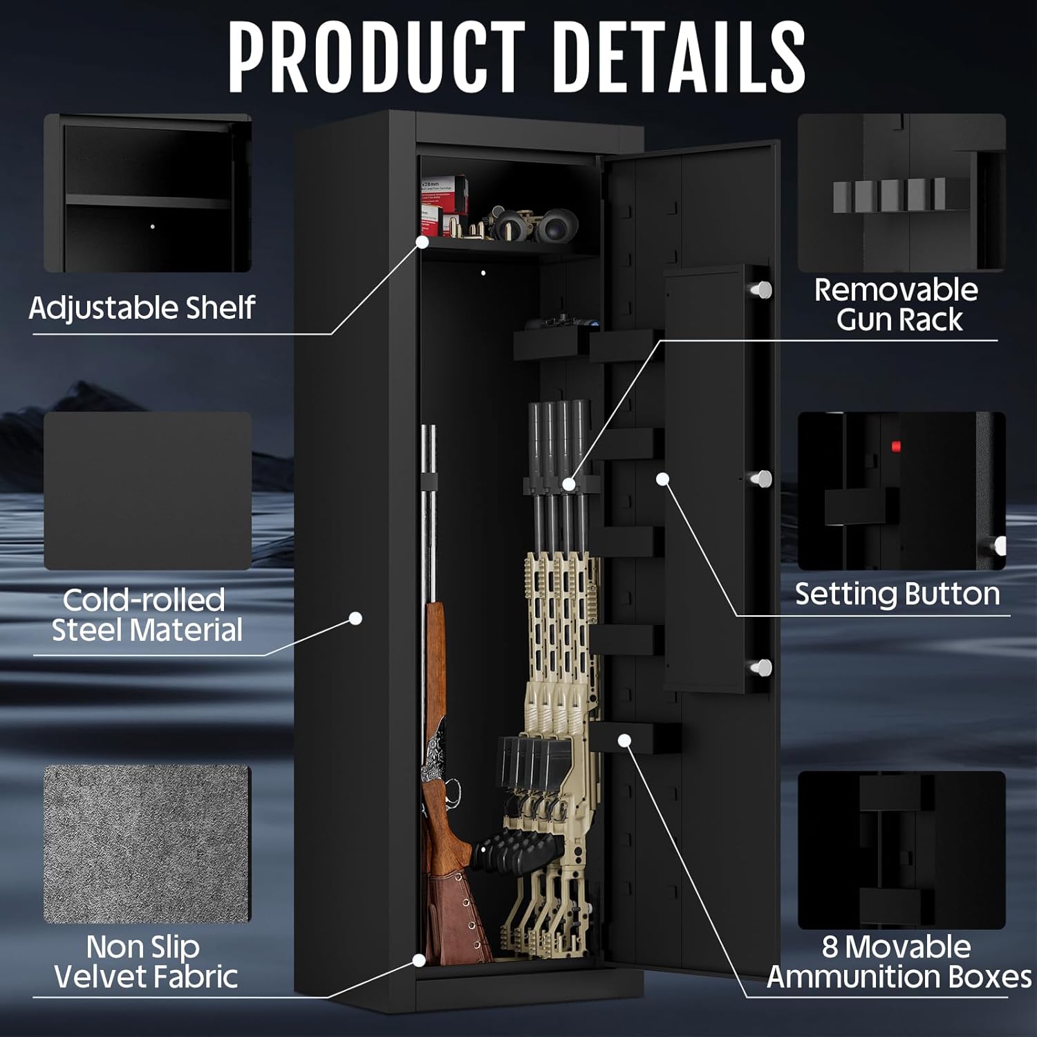 KAER 13-15 Biometric Gun Safe for Home Rifles and Pistols, Large Heavy-Duty Cabinet with Ammo Box, Shelf & Racks, No Assembly,Black