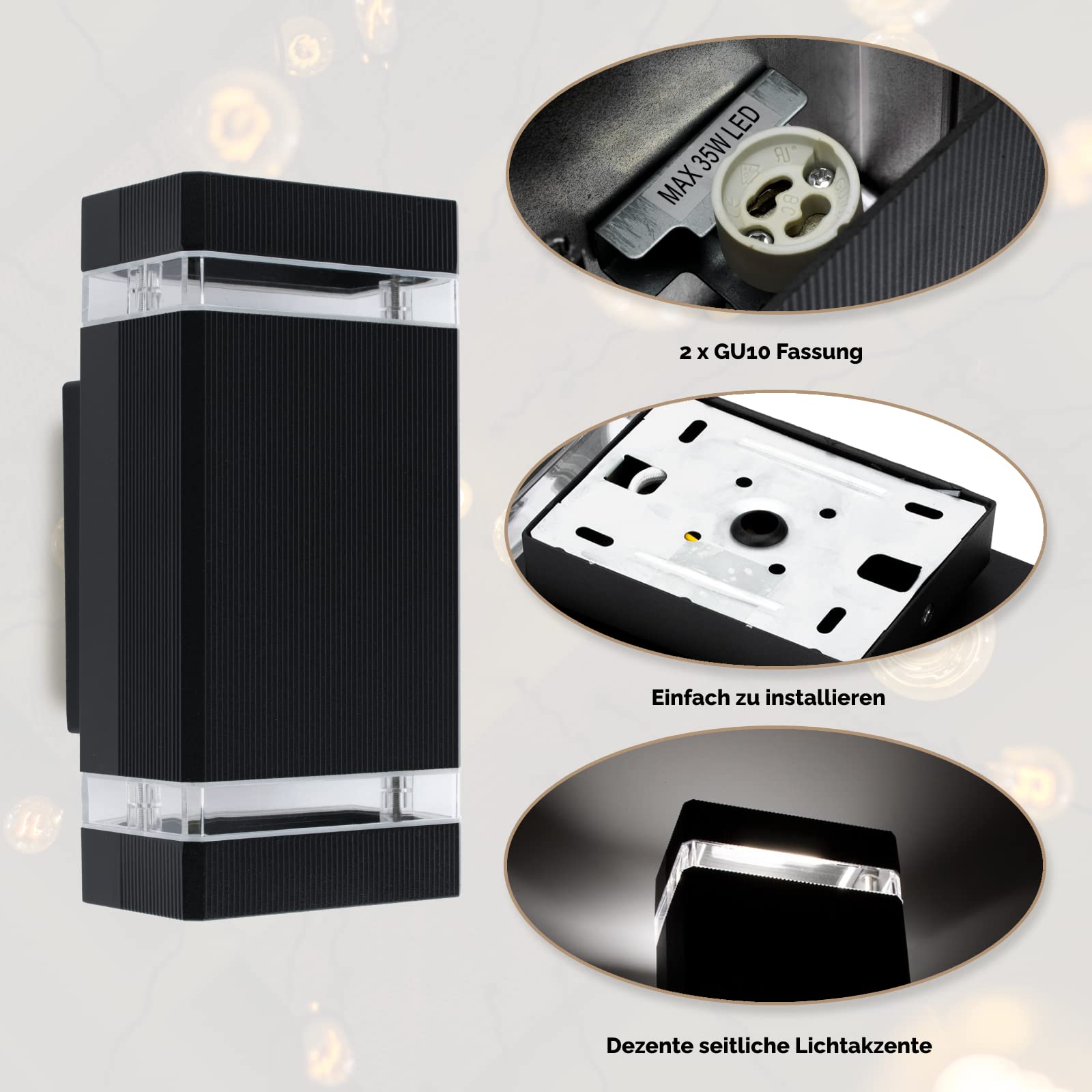 Lumiled lampa ścienna zewnętrzna ściana gniazdo GU10 oświetlenie zewnętrzne kinkiet ogrodowa taras fasada domu IP44 czarny prostokątny aluminiowy góra i