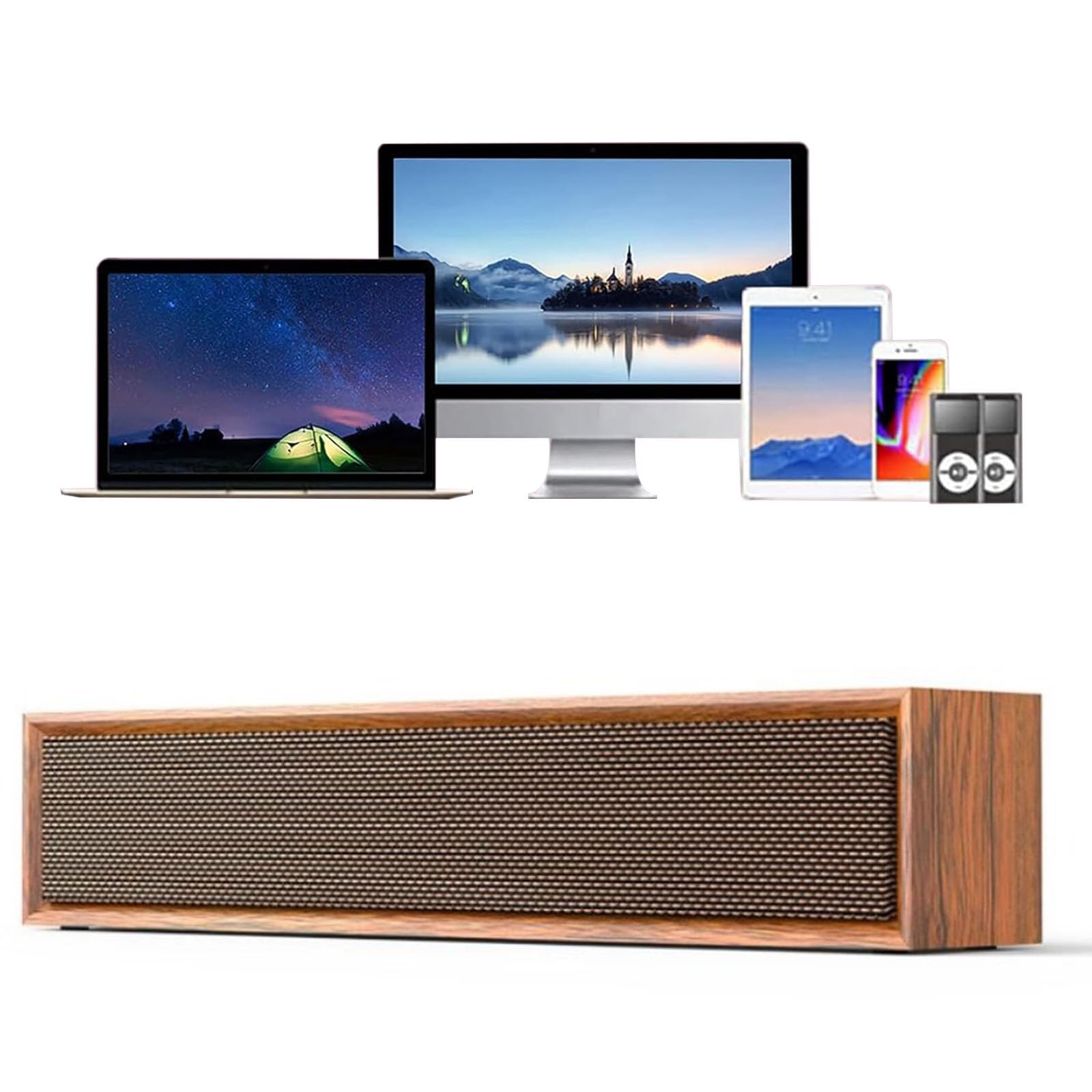 Barre de son PC USB et Bluetooth5.3, en bois 5 W 3D Stéréo Surround Speaker, Portables 2.0 Canaux Audio Haut-parleurs pour PC de bureau, ordinateur portable, tablette Smartphone TV