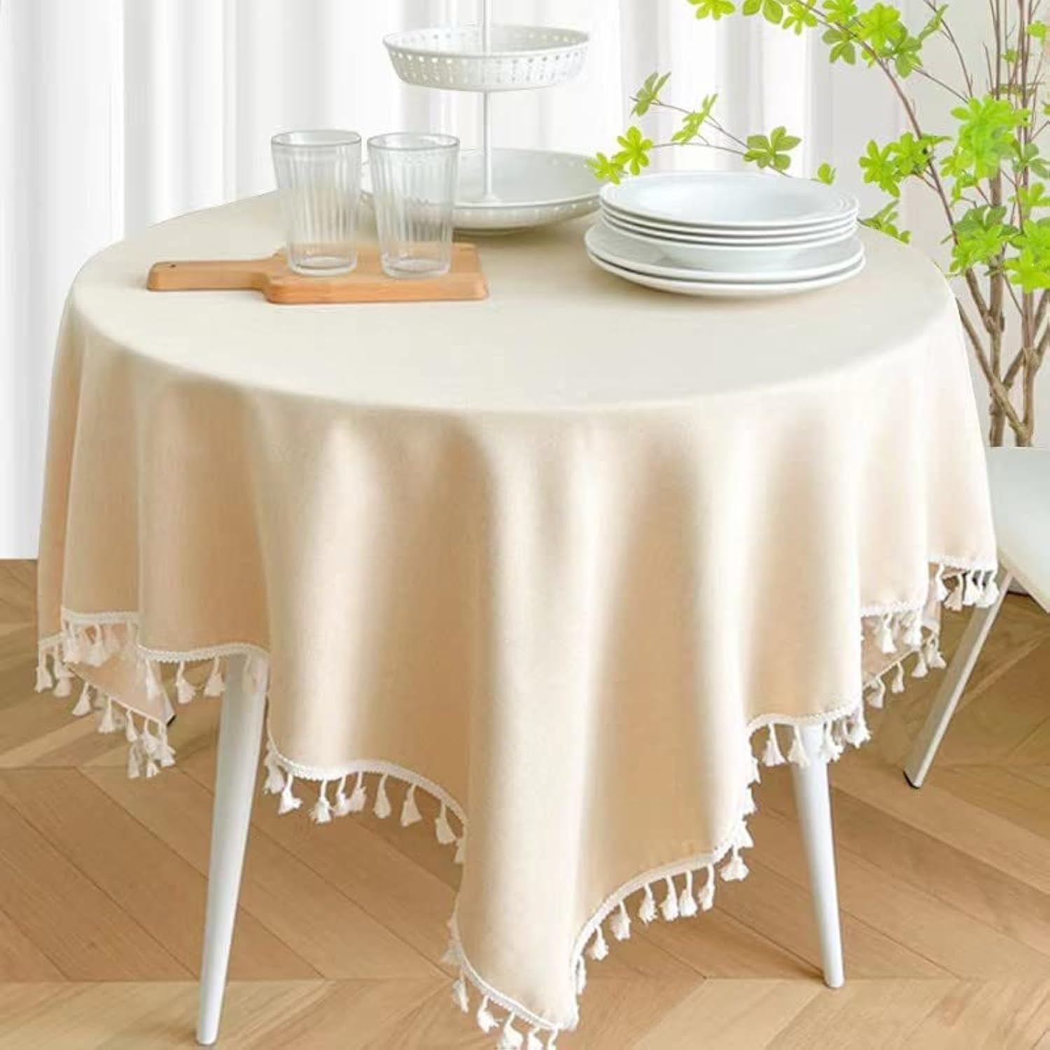 Kithing Beige Rectangular Table Cloth，Tpu Coated Cloth Art Tablecloth，Waterproof Tassel Tablecloth Free Water To Wash，Kitchen Dining Room Banquet Tabletop Decoration (, Circular Diameter 140Cm)