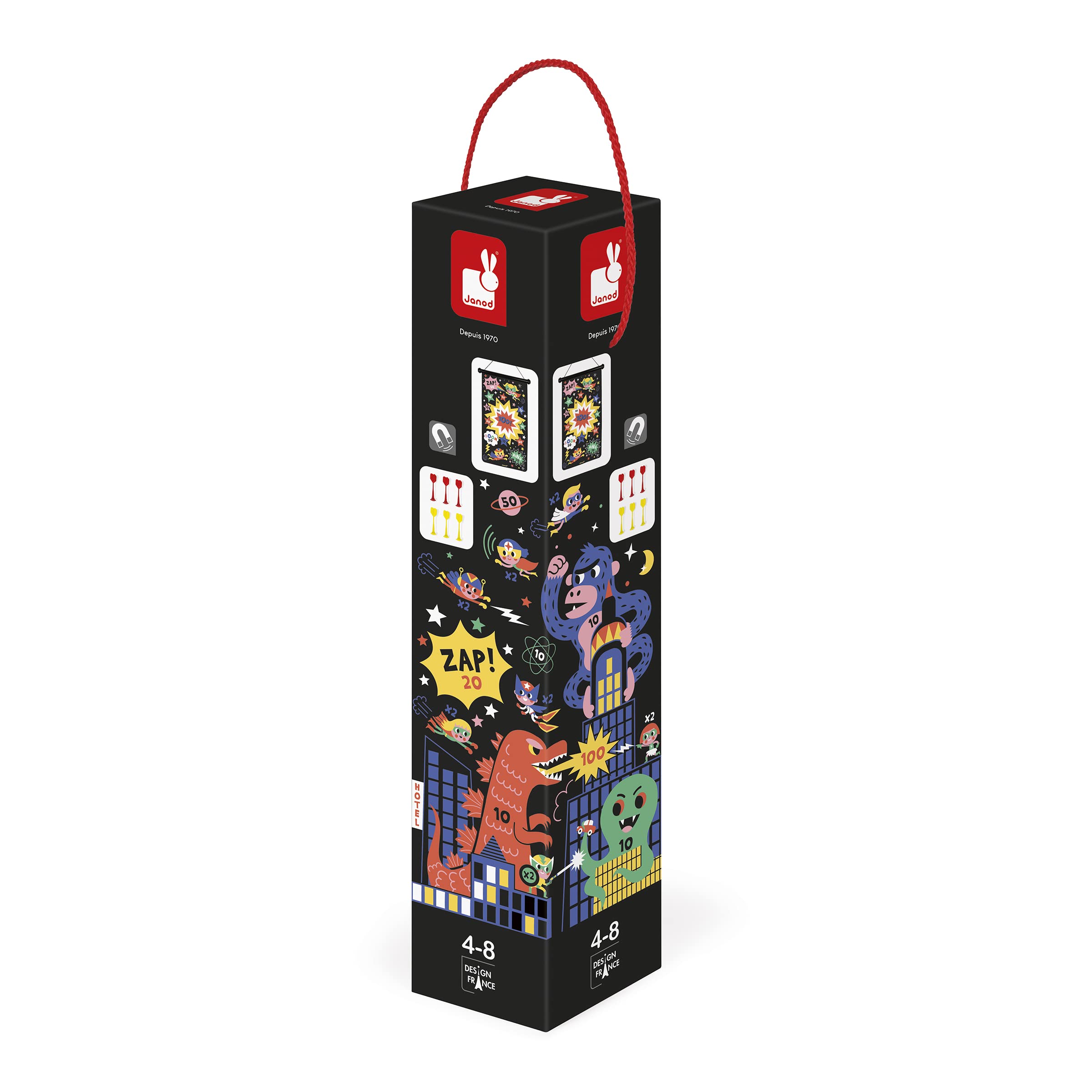 Janod - Jeu de Fléchettes Magnétiques Thème Super Héros - 6 Fléchettes Aimantées en Plastique - Jeu en Tissu Recto Verso - Dès 4 Ans, J02090