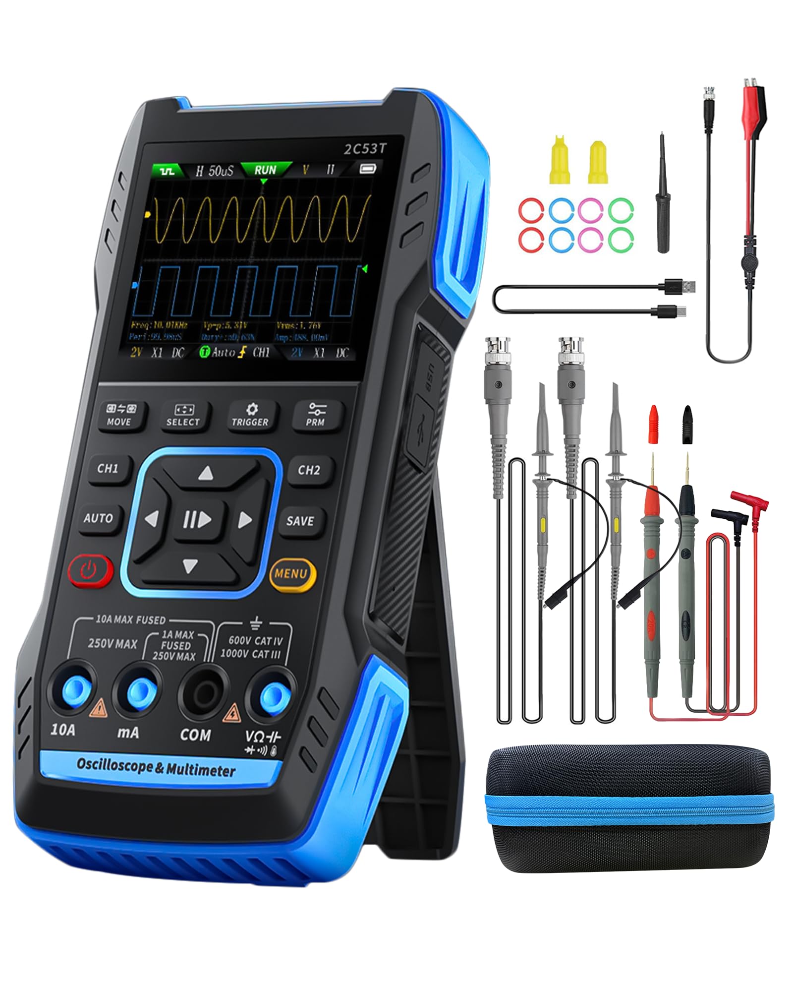 Handheld Oszilloskop Multimeter 2C53T, WapoRich 3-in-1 Oszilloskop 2 Kanal mit Signalgenerator, 50MHz, 250MSa/s, TRMS 19999 Counts, 13 Signalformen, FFT, XY-Modus, tragbares Digital Oszilloskop