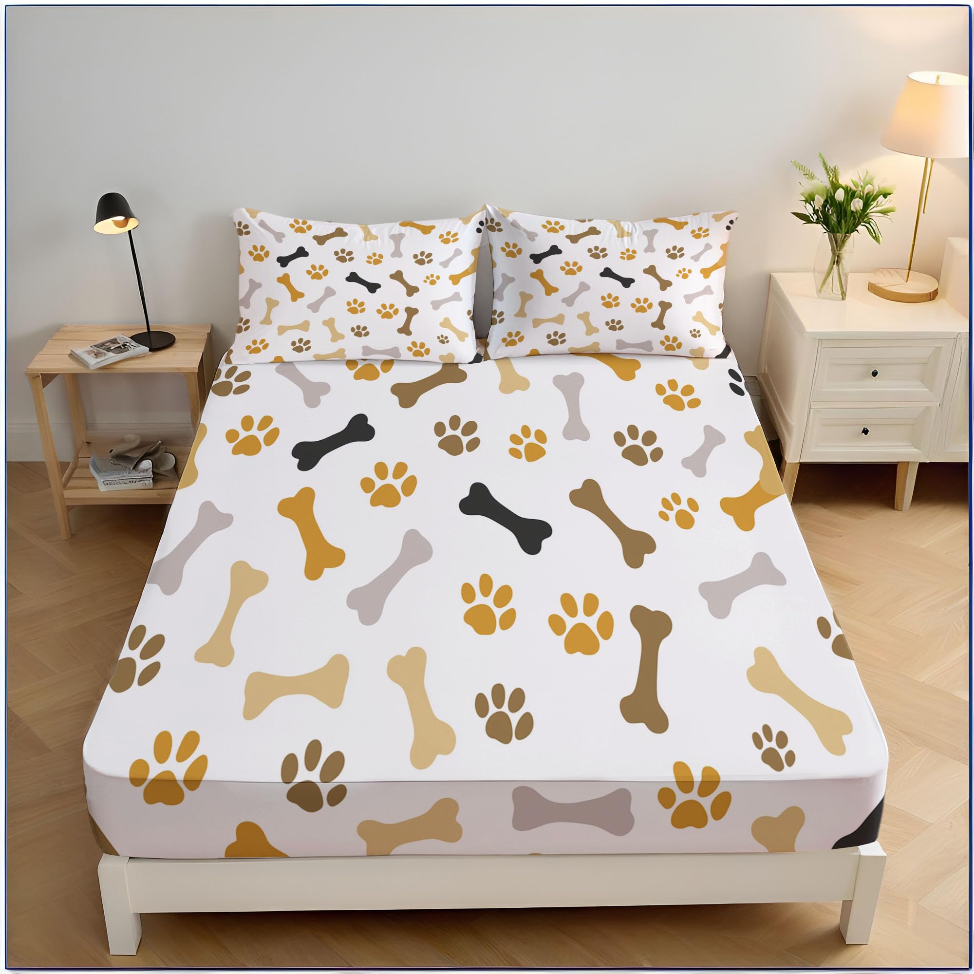 Drap housse 140x200 cm gris en microfibre avec motifs d'empreintes de chien pour lit de 2 personnes