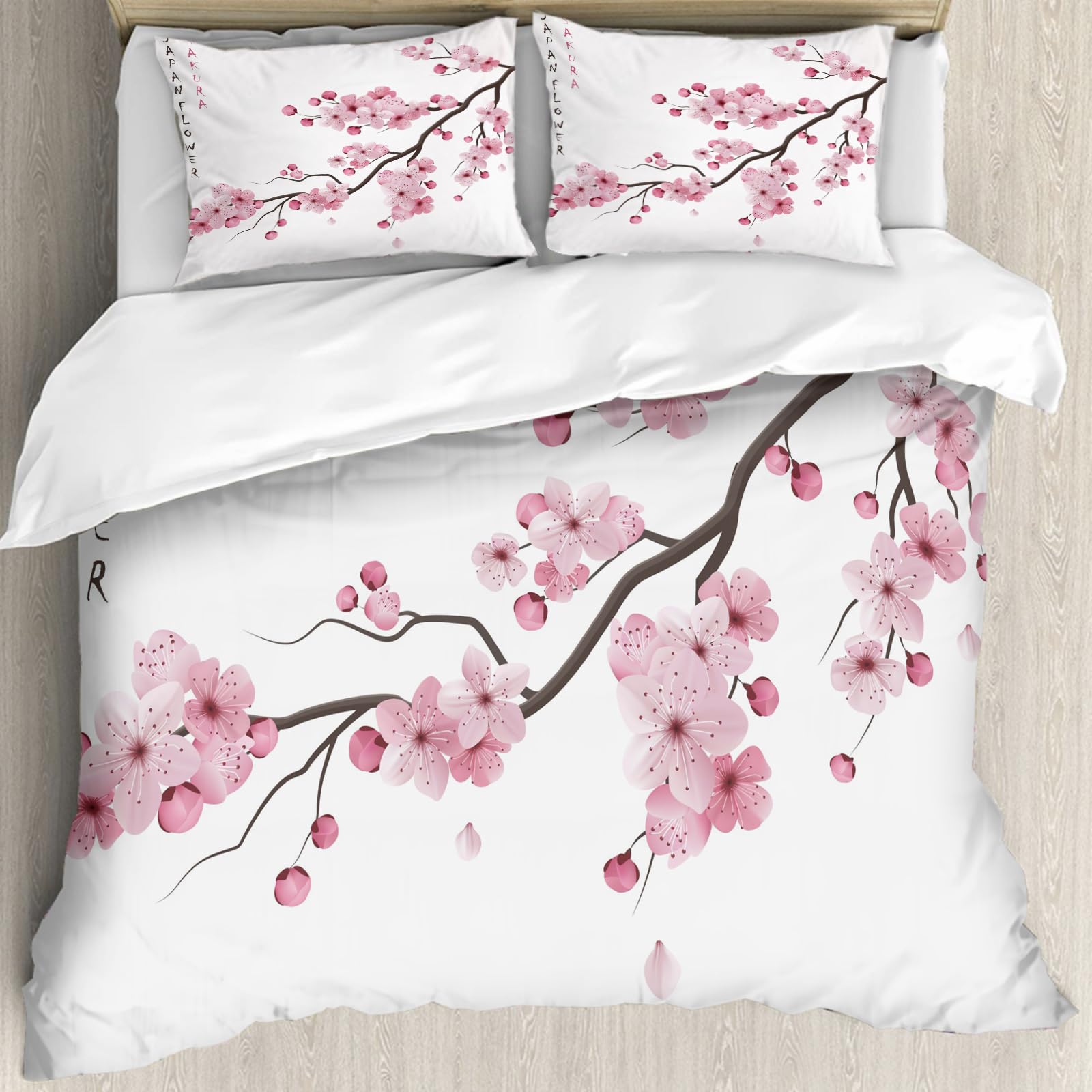 Housse de couette hypoallergénique 228x264cm avec taies d'oreiller motif fleurs de cerisier