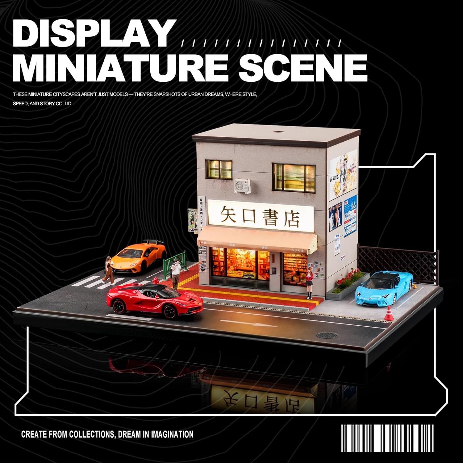 kivmcds 1/64 Hot Die Cast Wheel Display Case,Car Model Display Stand for Matchbox Cars,Miniature Parking Lot with Lighting (Bookstore Scene)