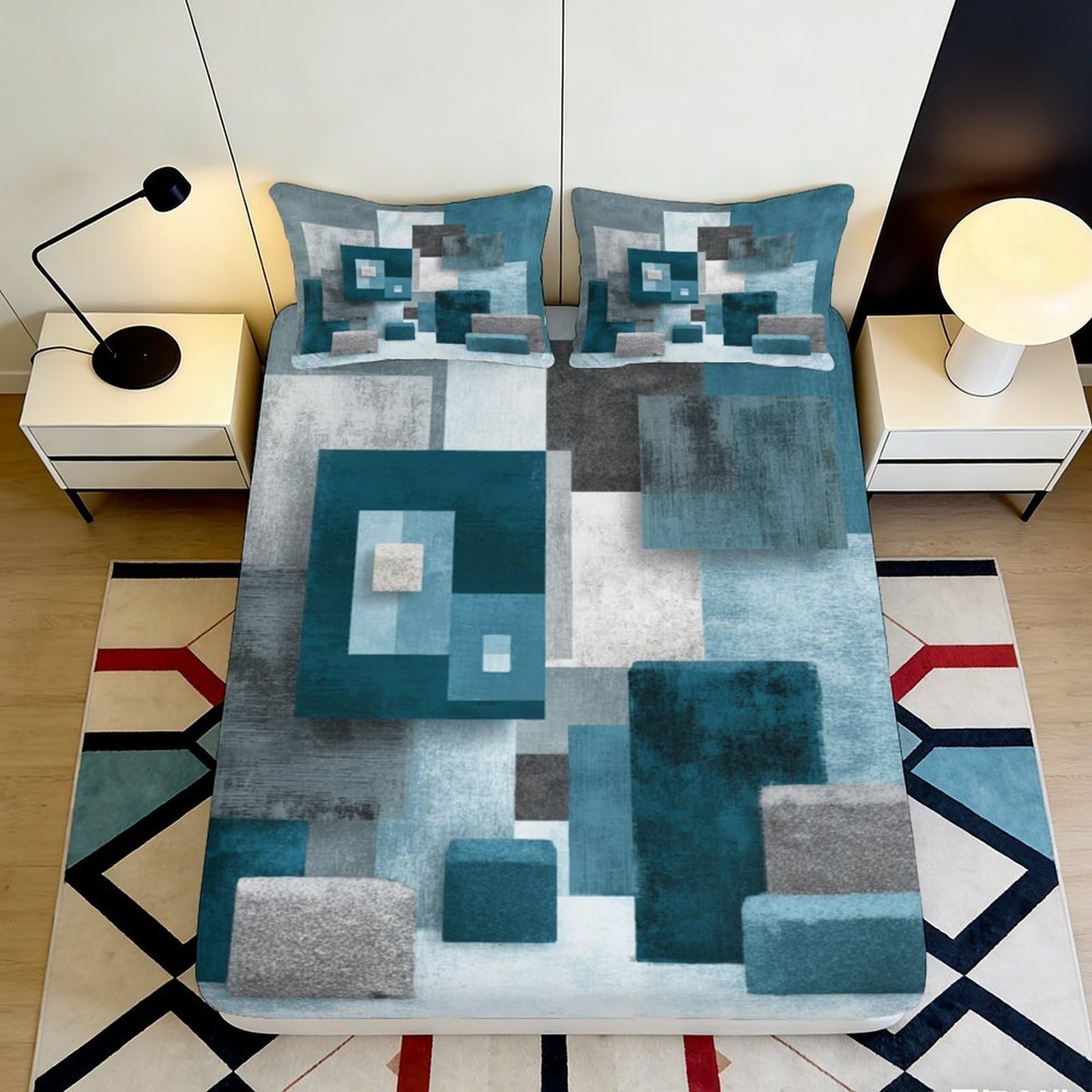 3D Printed Geometric Abstract Fitted Sheet Microfiber Soft Decorative Block Pattern Mattress Cover for Bedroom Guest Room 90x200x25cm