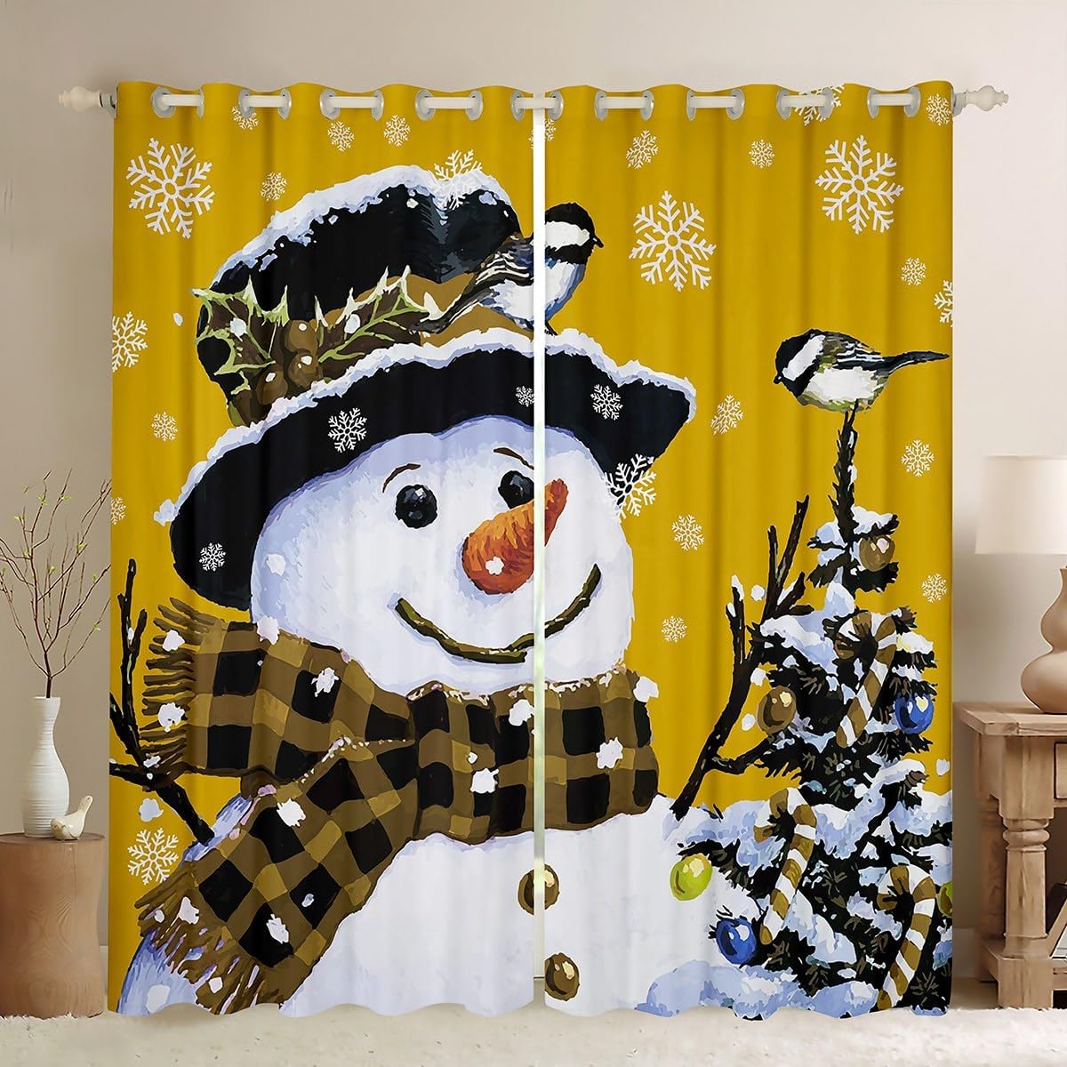 Feelyou Kids Christmas Decorations Blackout Window Curtains Bedroom Xmas Snowman Curtains for Boys Girls Snowflake Kawaii Cute Window Drapes Treatments Bright Yellow, 38W X 45L,2 Panels