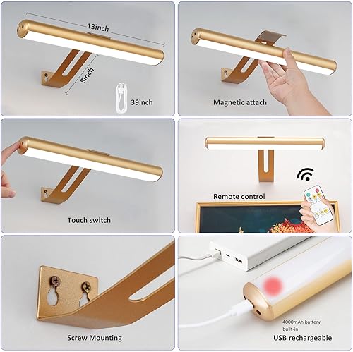 Miniatura 7 de ZOCALOK Luz de imagen recargable, luz de imagen inalámbrica para pinturas con 2 controles remotos, luz de marco de fotos de metal con cabezal de 16