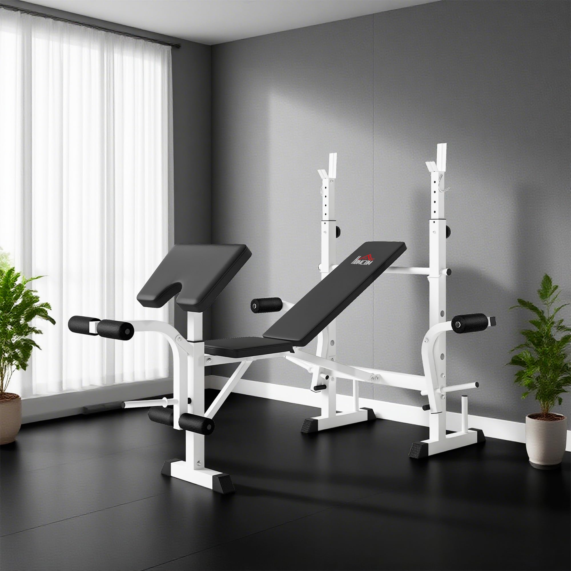HOMCOM Banco de Musculación Multifuncional Inclinable, Banco de Pesas, Press Banca con Soporte para Barra Ajustable, Extensión de Piernas, Curl de Predicador, Mariposa, Entrenamiento en Casa, Gimnasio
